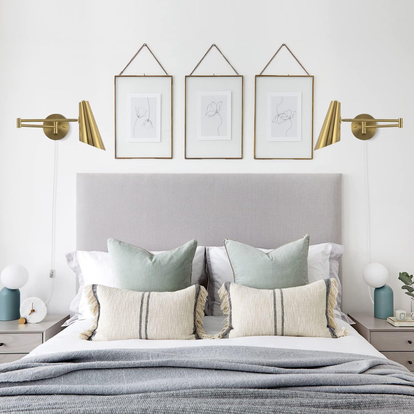 Plug in Wall Sconce Set of 2, Brass Swing Arms Wall Light Plug-in Wall Lamp for Bedroom Living Room Wall Lamp
