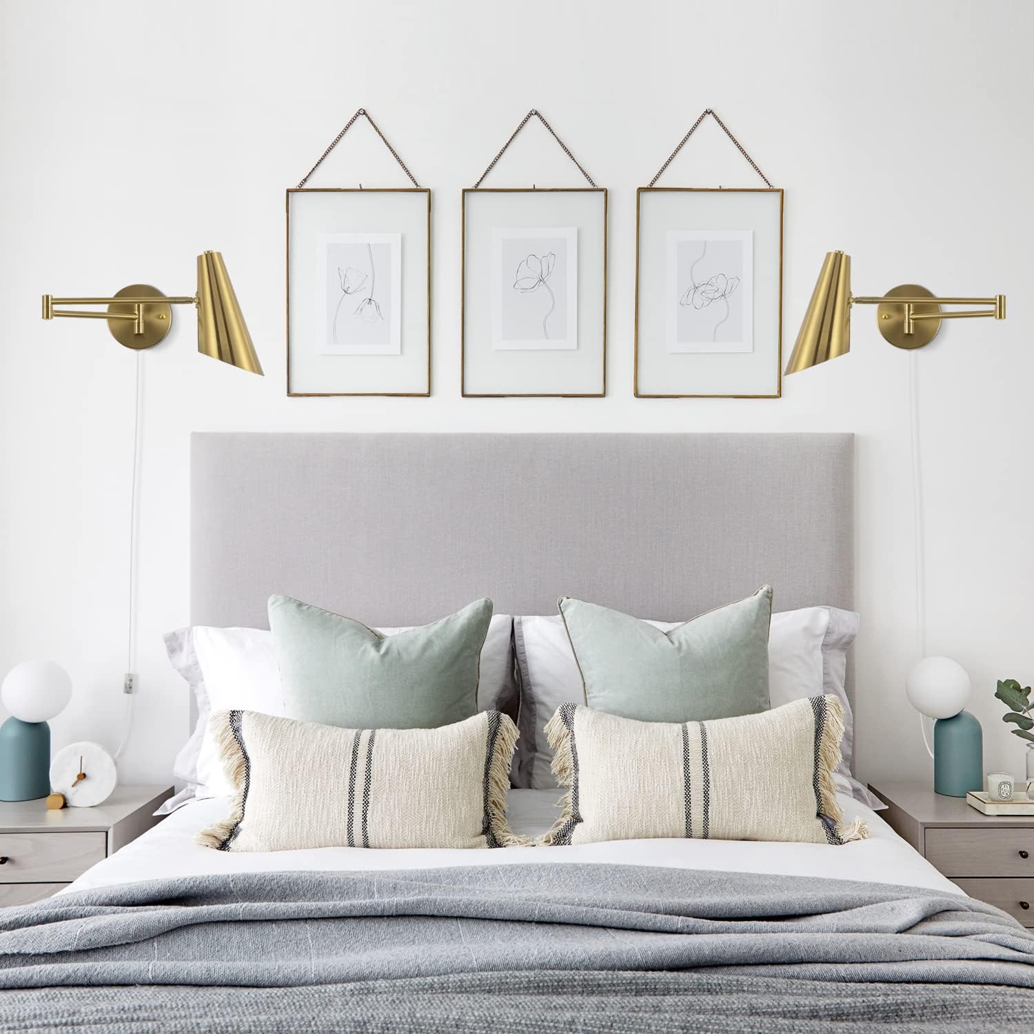 Plug in Wall Sconce Set of 2, Brass Swing Arms Wall Light Plug-in Wall Lamp for Bedroom Living Room Wall Lamp