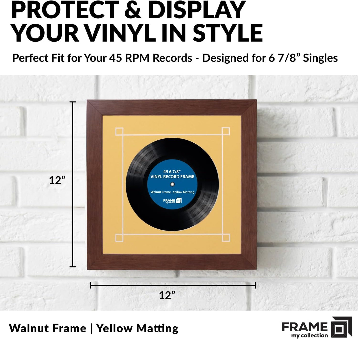 45 RPM Vinyl Record Frame | Wall Mounted Solid Wood Record Display Frame for Single 6 7/8-Inch Vinyl with Yellow Mat