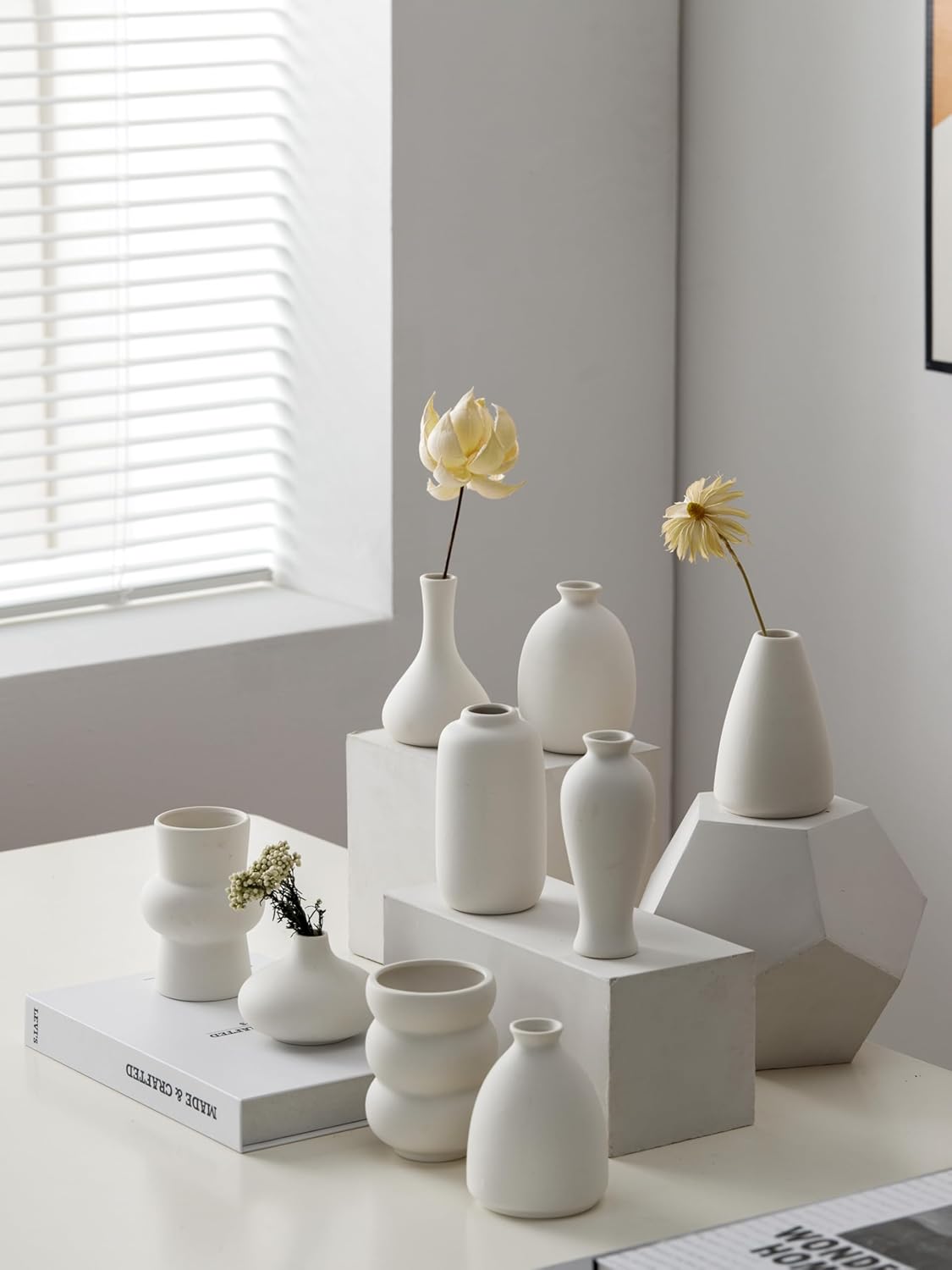 Ceramic Bud Vases for Pampas Grass Flowers / White / Set of 9