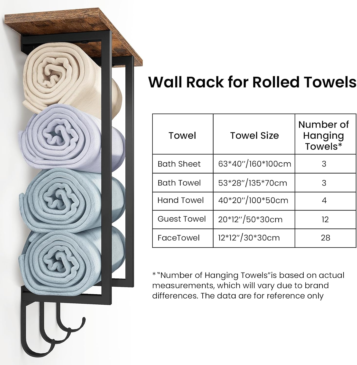 ELITEROO Towel Racks for Bathroom Wall Mounted, Hanging Towel Holder | Wood Towel Rack Shelf with 3 Hook for Washcloths