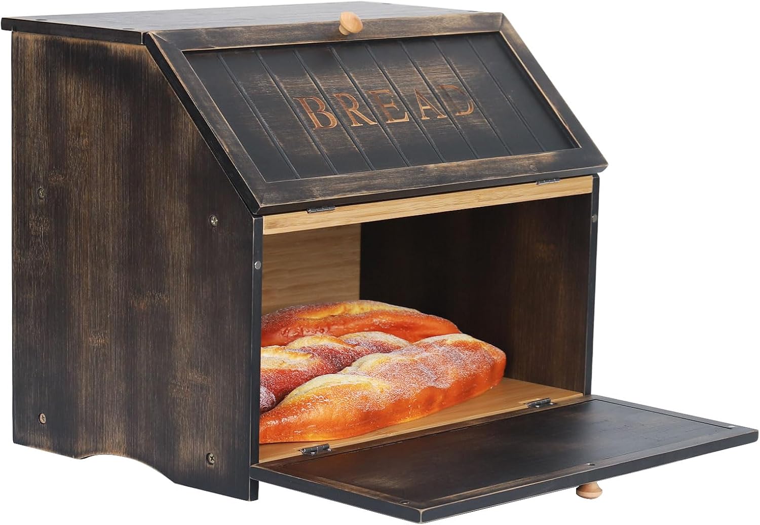 HOMEKOKO Vintage Double Layer Large Bread Box, Wood Bread Storage Bin,Black | Keeps Bread Fresh 3-4 Days, 2-Tier
