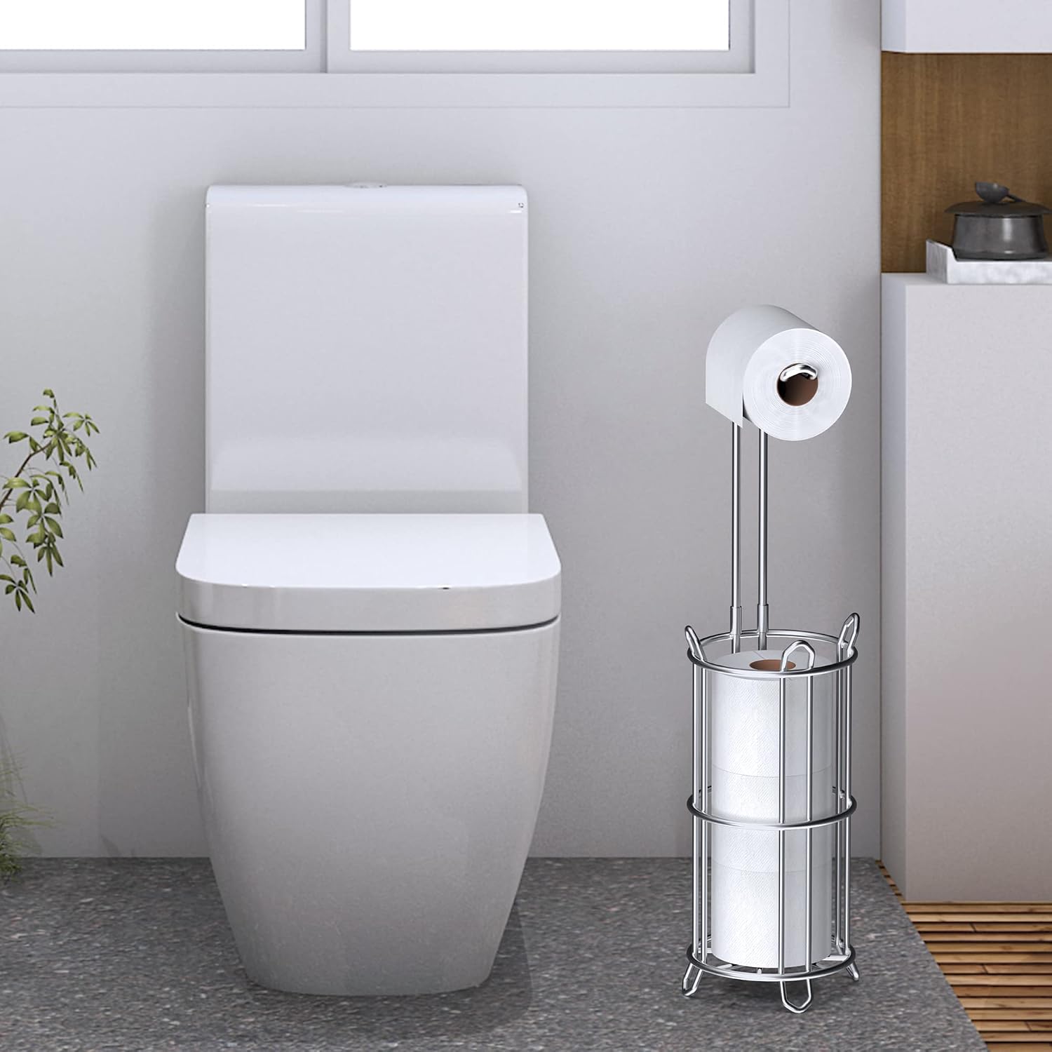 Meangood Toilet Paper Holder Stand and Tissue Paper Roll Dispenser for 4 Mega Rolls, Bathroom Free Standing Tissue Roll