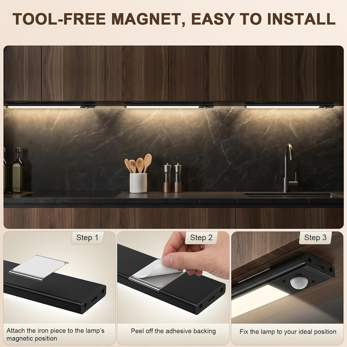 4Pack Under Cabinet Lighting Rechargeable -10" Ultra-Thin Black 3 Color Temps Super Bright, Motion Sensor, Long Lasting