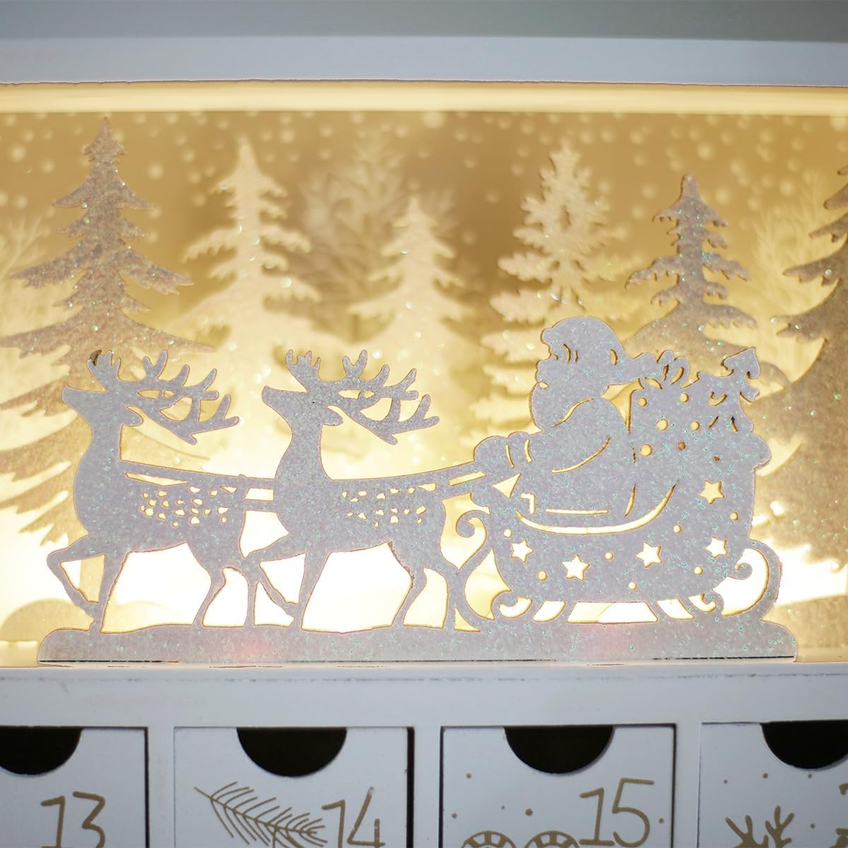 Wooden Christmas Advent Calendar Book with LED-lit Winter Forest Scene - 24 Drawer Countdown with Fine Silver Reindeer