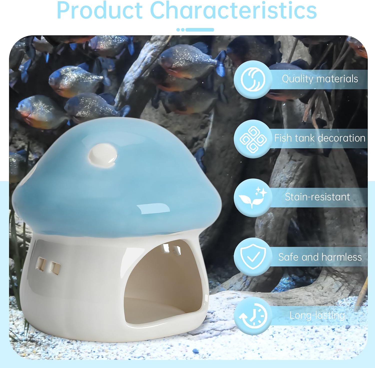 Ceramic Mushroom Aquarium Decor House Betta Fish Tank Accessories Decoration Hideout / Blue / Small