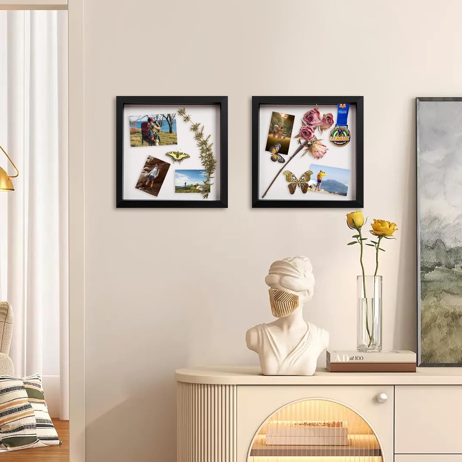 QDSSDECO 12x12 Shadow Box Frame with Linen Backboard & Real Glass, Wood Display Case, Deep Showcase to Hang The Photos