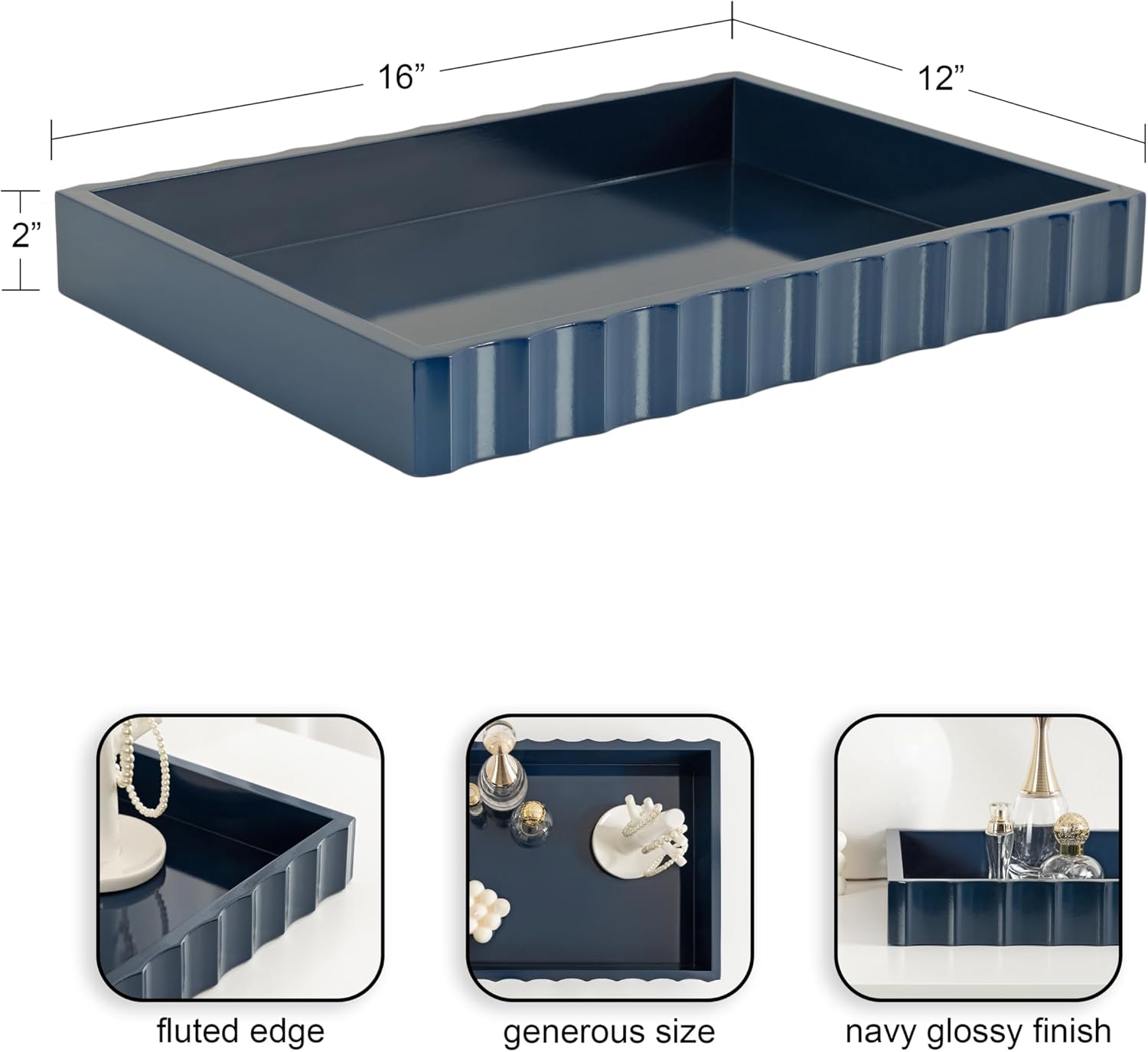 Modern Scalloped Serving Tray / Navy Blue / 16 x 12
