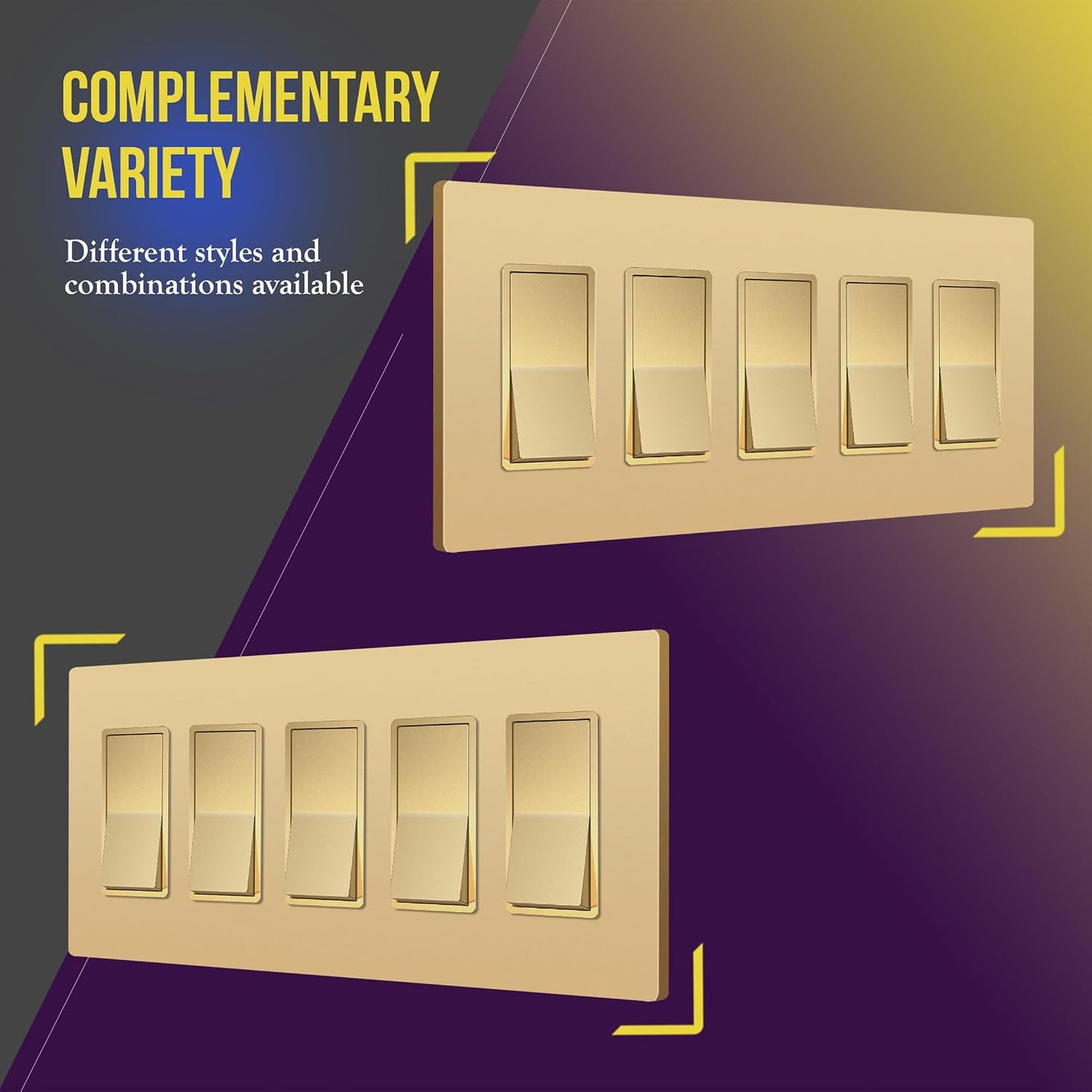 ENERLITES 5-Gang Gold Screwless Decorator Switch Outlet Wall Plate Cover | Size 4.68" x 10.14", 1 Pack Fits light