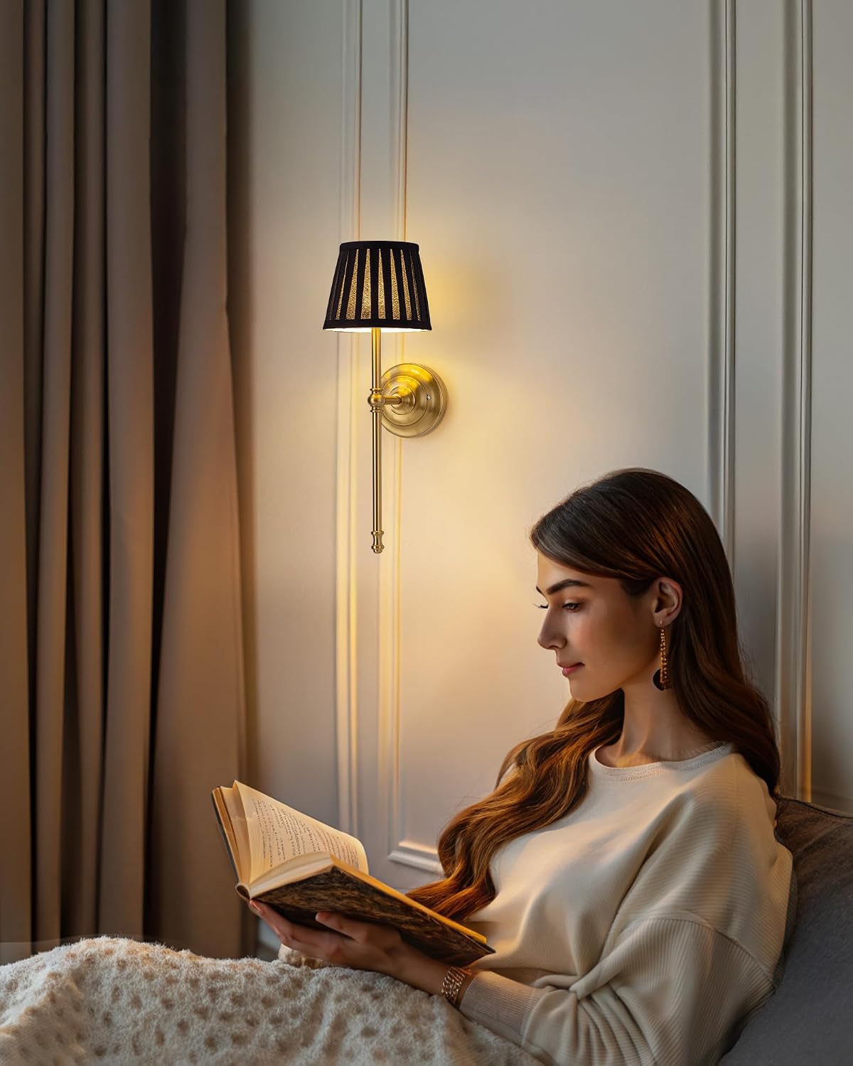 KDG Gold Cordless Wall Sconces Set of 2, Black Fabric LED Wall Lamps | Wireless Small Rechargeable Battery, Portable