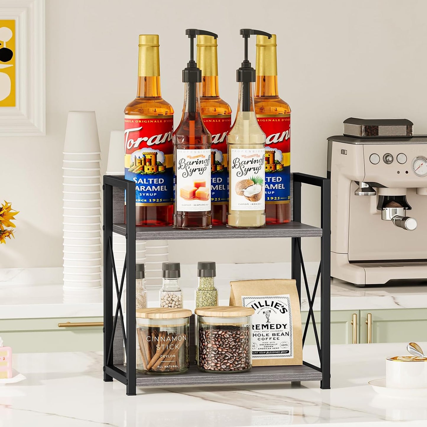 Giikin Countertop Shelf Organizer, 2 Tier Coffee Organizer for Desktop, Grey Counter Shelf Spice Rack for Kitchen