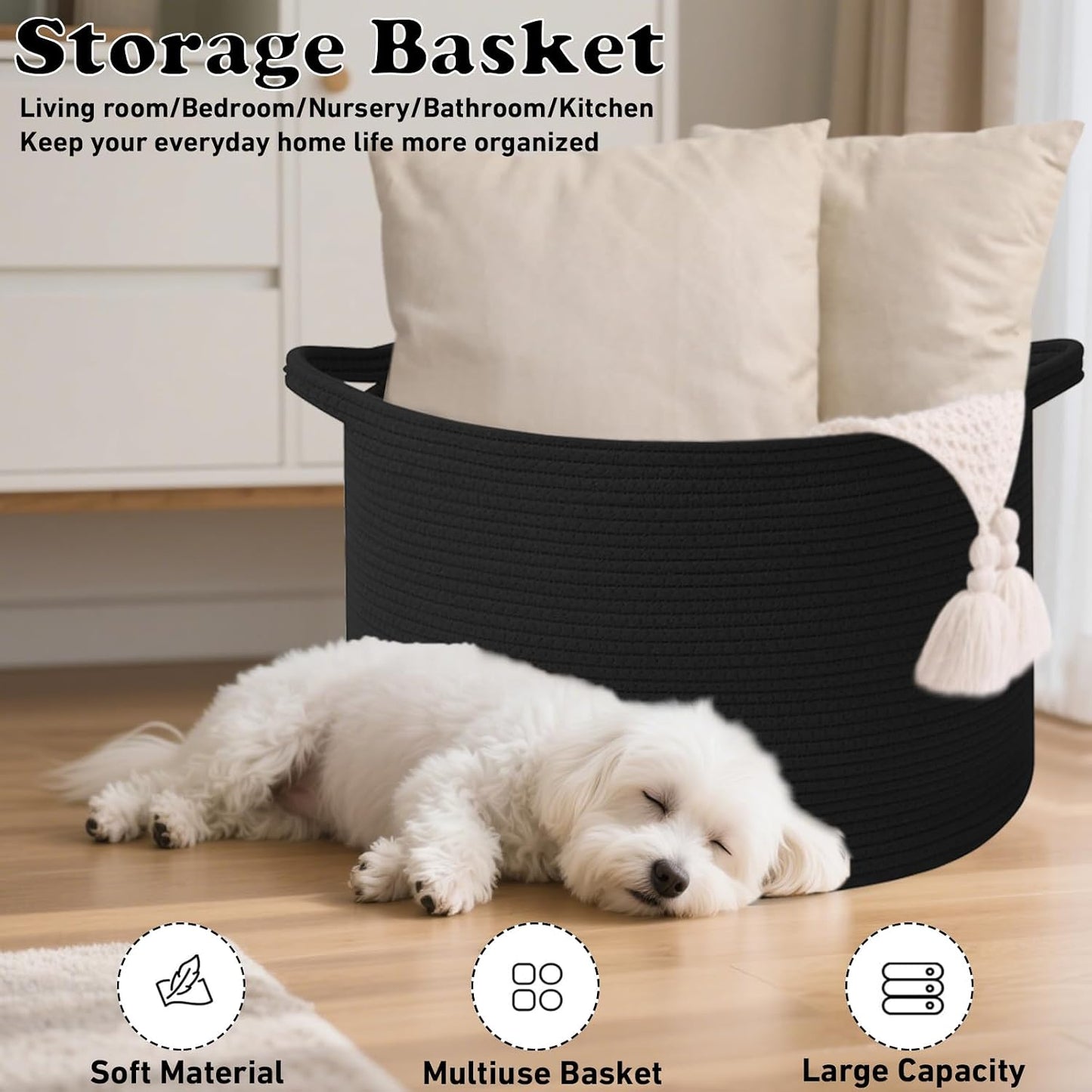Woven Rope Laundry Basket Hamper / Black / 19.7"L x 19.7"W x 13"H