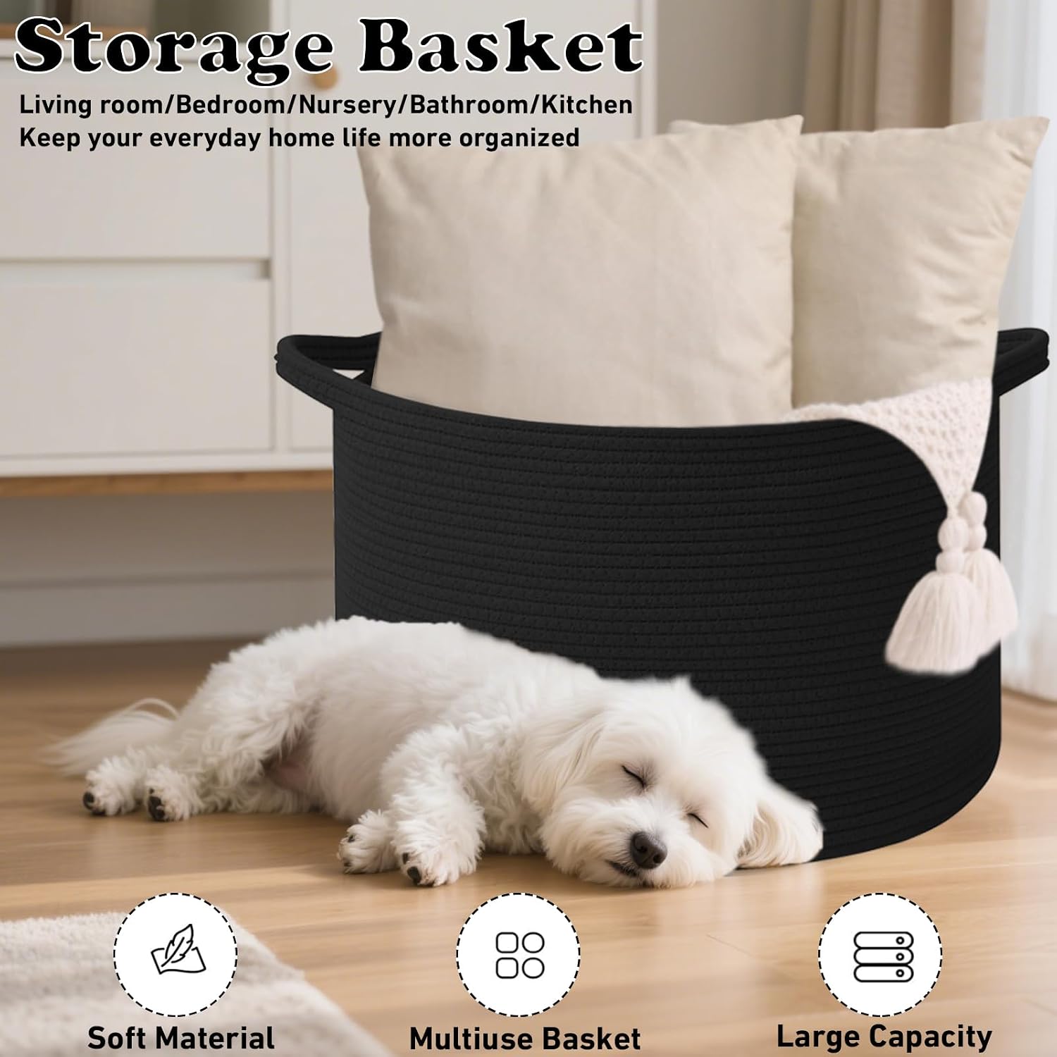 Woven Rope Laundry Basket Hamper / Black / 19.7"L x 19.7"W x 13"H
