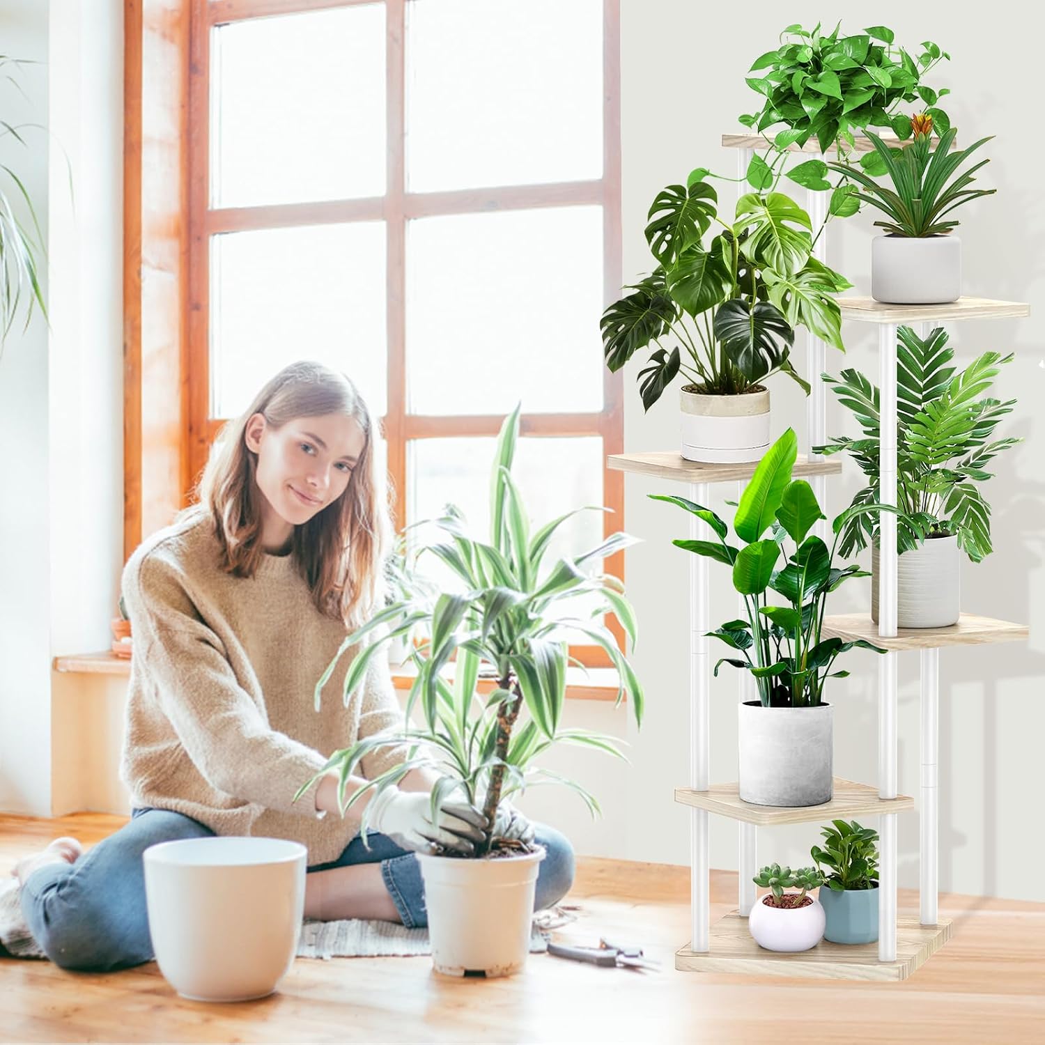 6 Tier Plant Stand Indoor, Thickened Metal Wood Corner Plant Shelf Stands for Multiple Plants, Indoor Tall Plants Stand