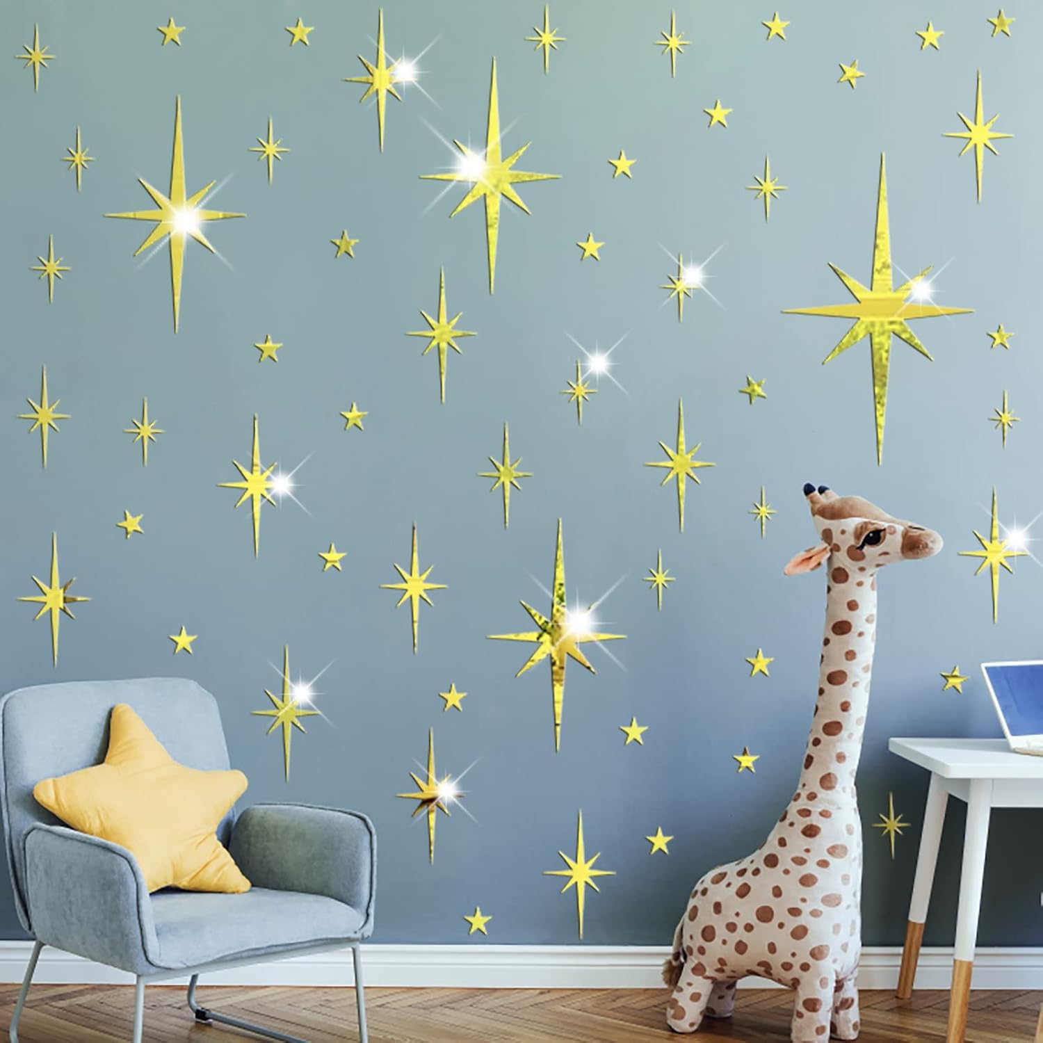 Mirror Wall Stickers Star Wall Decal Peel and Stick 3D Acrylic Decals Removable / Golden / Gold