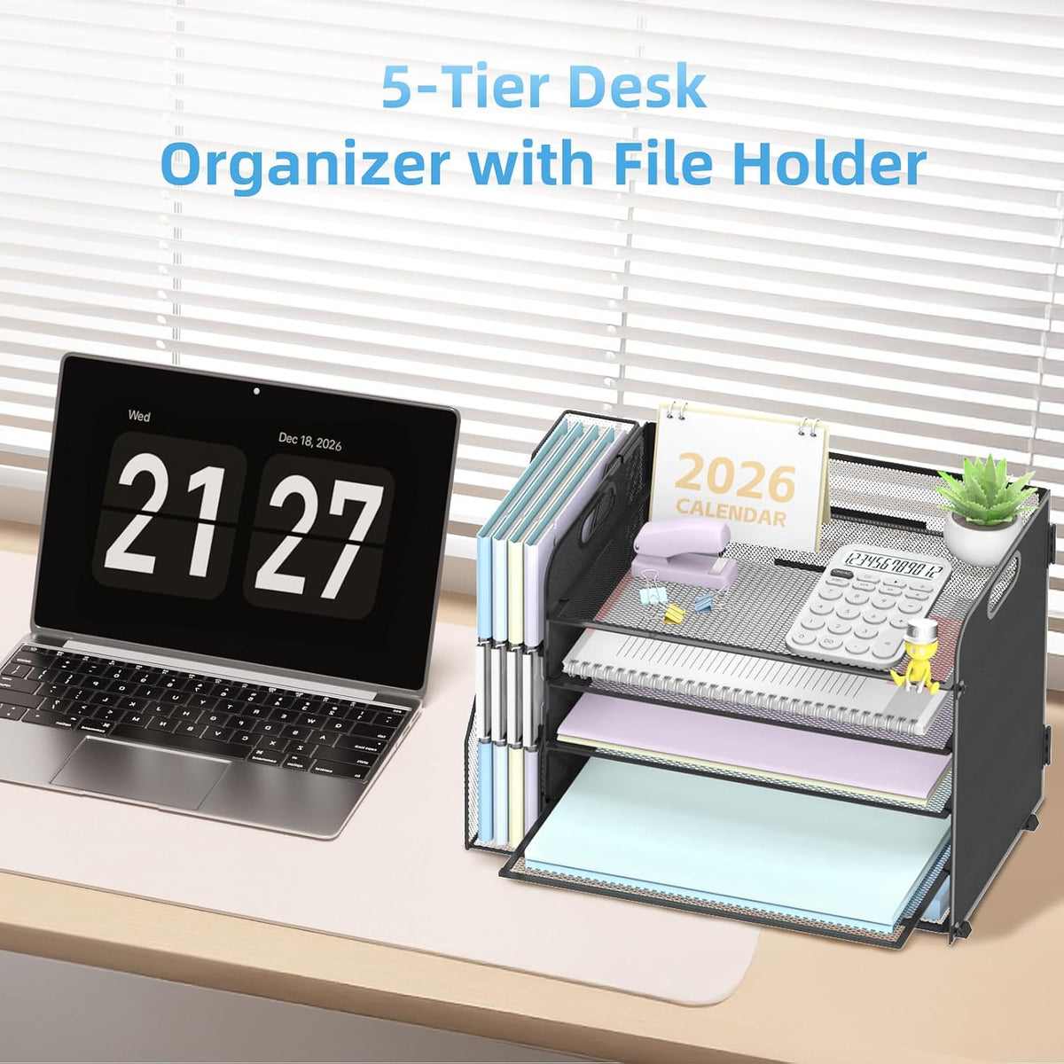 5-Tier Desk Organizer with File Holder, Paper Organizer for Desk, Black | 5 Letter Trays and Vertical File Holder with