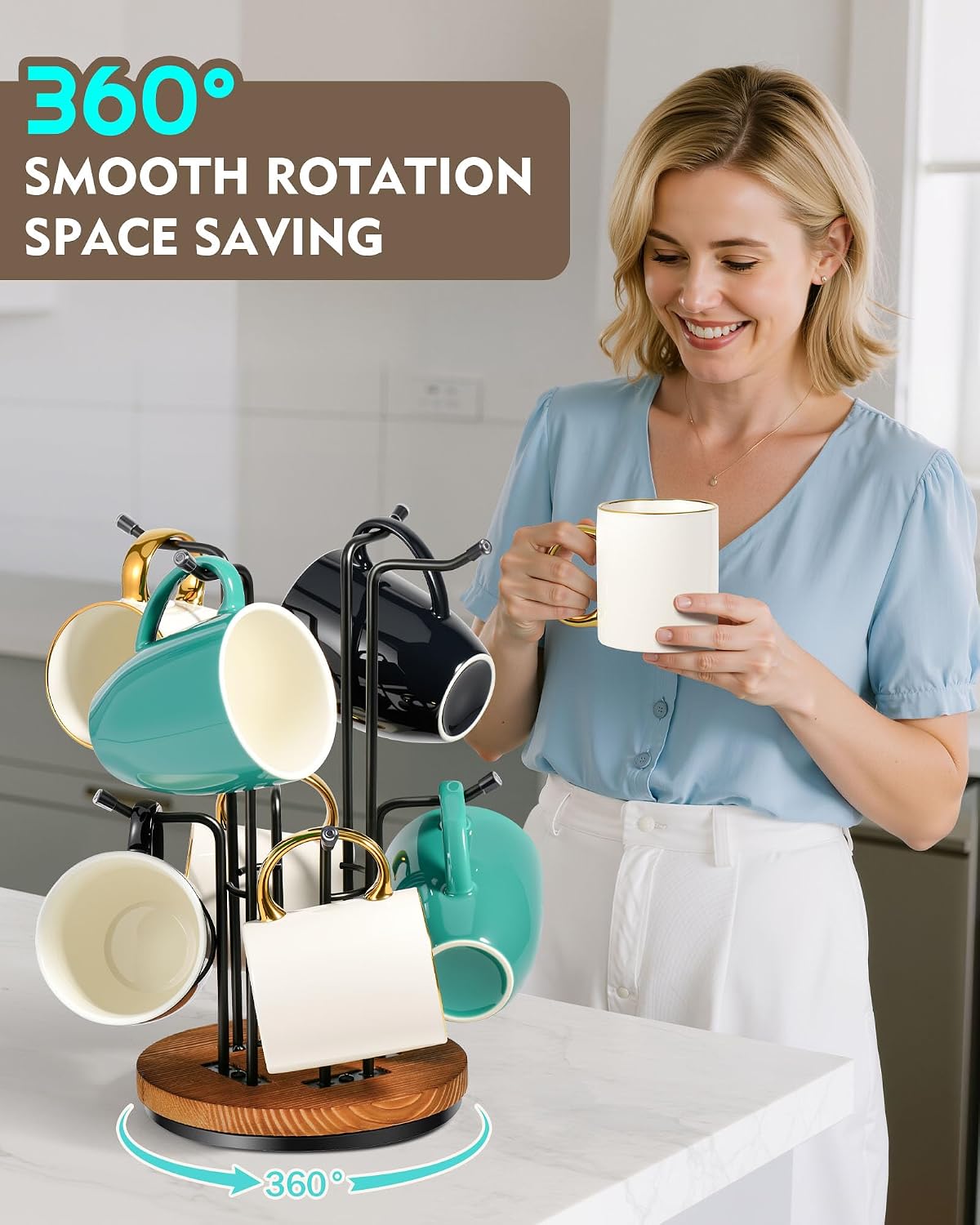 HULISEN 360° Rotating Mug Tree, Coffee Mug Holder for Large Cups, 8 Hooks | Cup Holder for Countertop, Stable Wooden