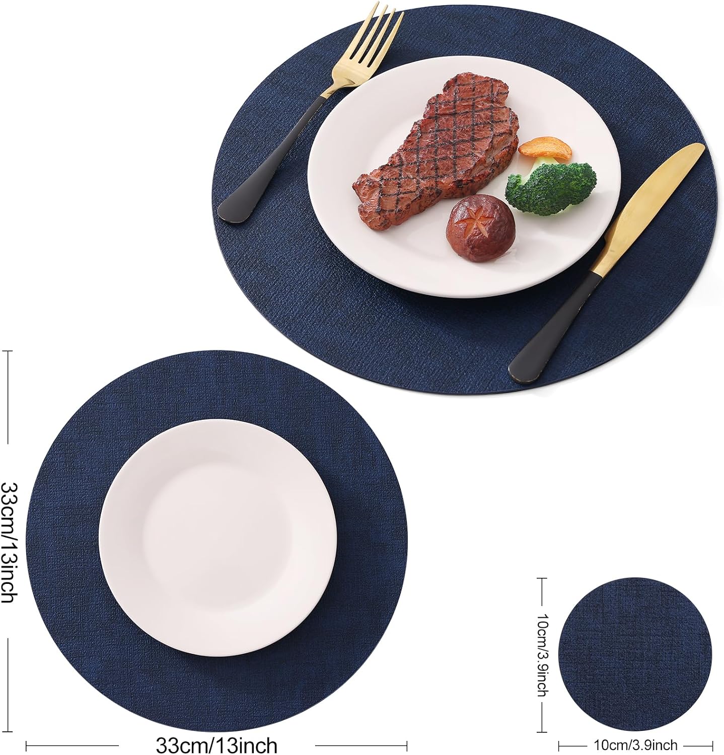 Homaxy Round Faux Leather Placemats and Coasters, Set of 8, Navy Blue | Washable Dual-side Table Mats, Wipeable Place