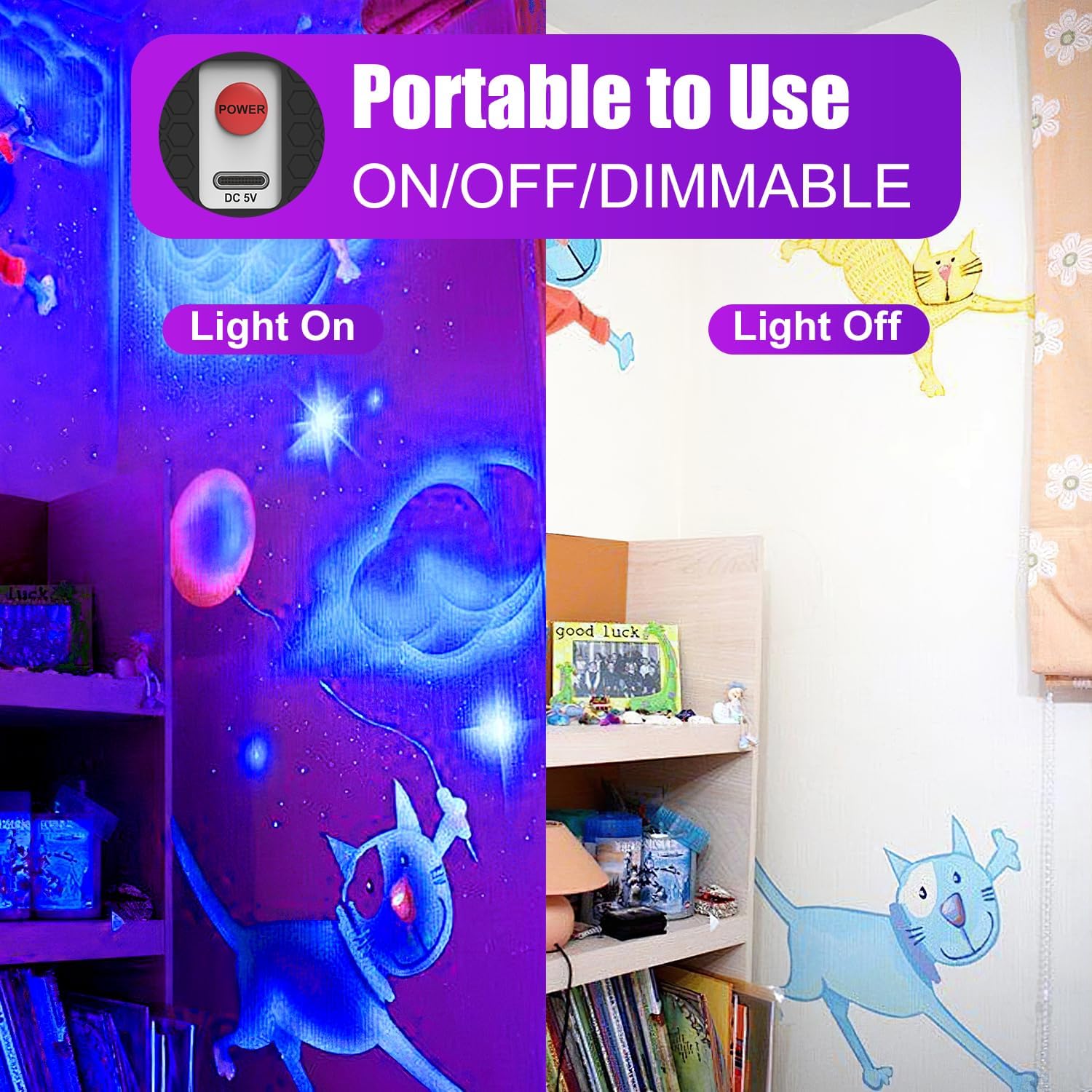 Rechargeable Black Light Bar 2 Packs, Battery Powered Black Lights for Glow Party, Cordless UV Strip Lights with
