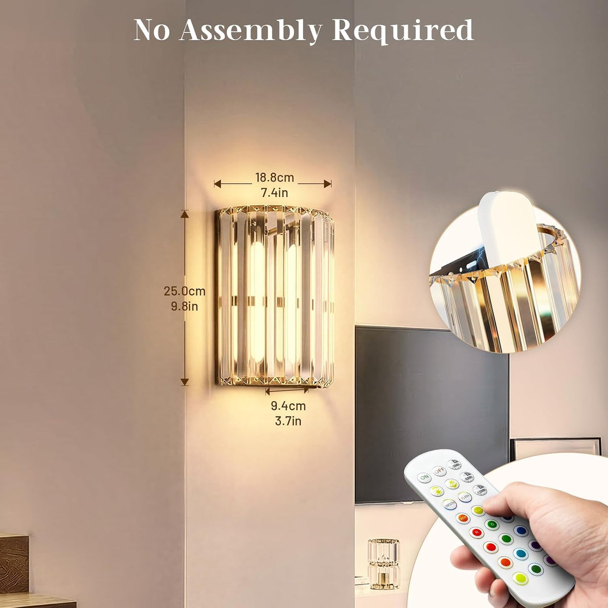 Black and Gold Battery Operated Wall Sconces Set of 2, Crystal Wireless Wall Lights with Remote, Rechargeable Cordless