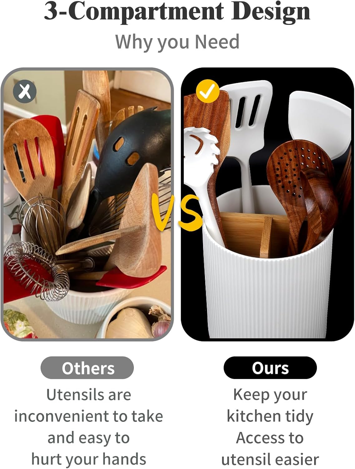 LoeJan 7.5" Utensil Holder, 3 Compartment Ceramic Kitchen Utensil Holder with Cork Bottom, Large Utensil Crock for