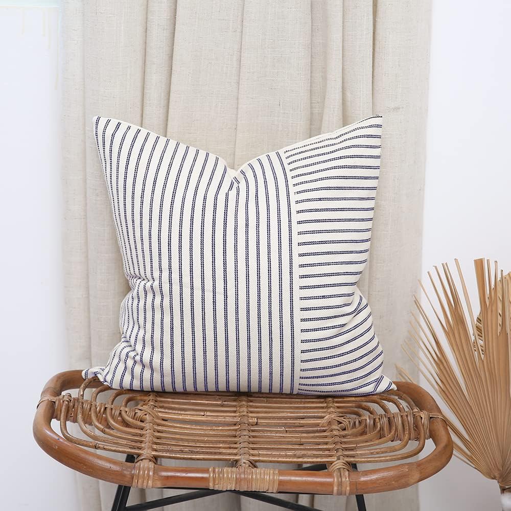 Beige Patchwork Farmhouse Throw Pillow Covers / Navy Blue / 18 x 18 / Set of 2