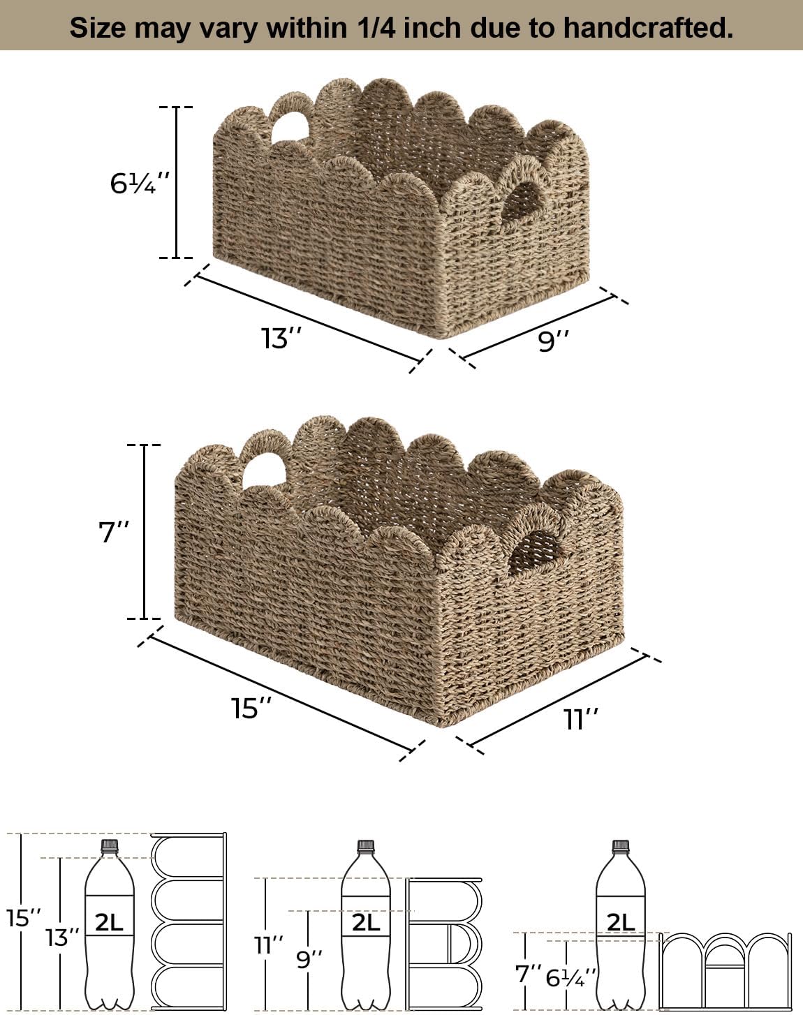 Rattan Baskets / Scalloped Wicker Basket / Natural / 15" L x 11" W x 7" H