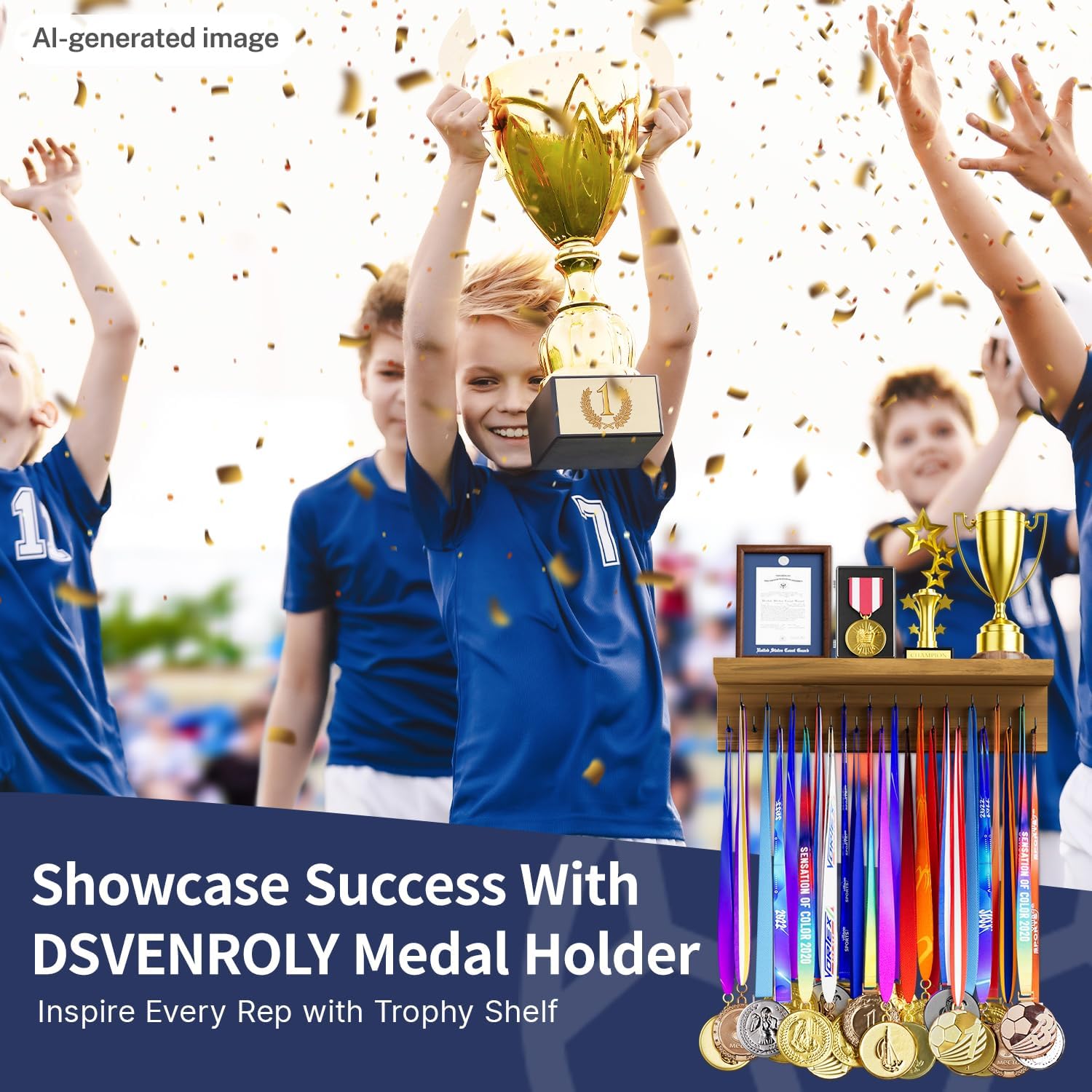 Medal Holder Display Trophy Shelf Organizer, Sturdy Wooden Race Award Hanger Rack with 25 Steel Hooks, Wall Mount