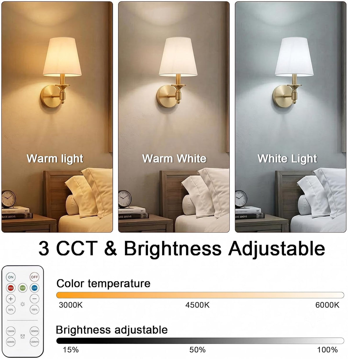 Gold Battery Operated Wall Sconce Set of 2, Wireless Wall Lights with 3 CCT Color Temperature & Dimmable Magnetic Bulb