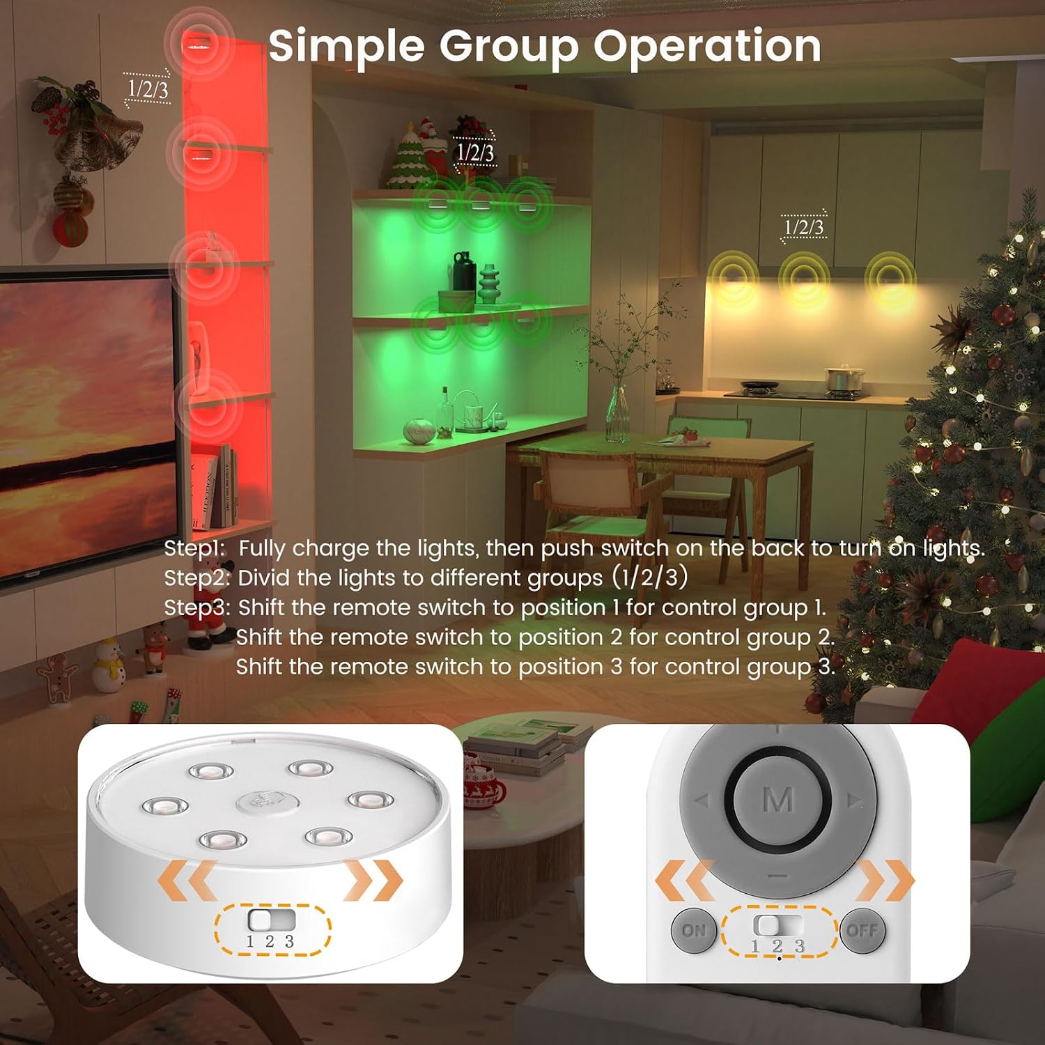 Rechargeable Under Cabinet Lighting 6 Pack, Wireless LED Puck Lights with Remote Control Sync and Groupable, 2600mAh