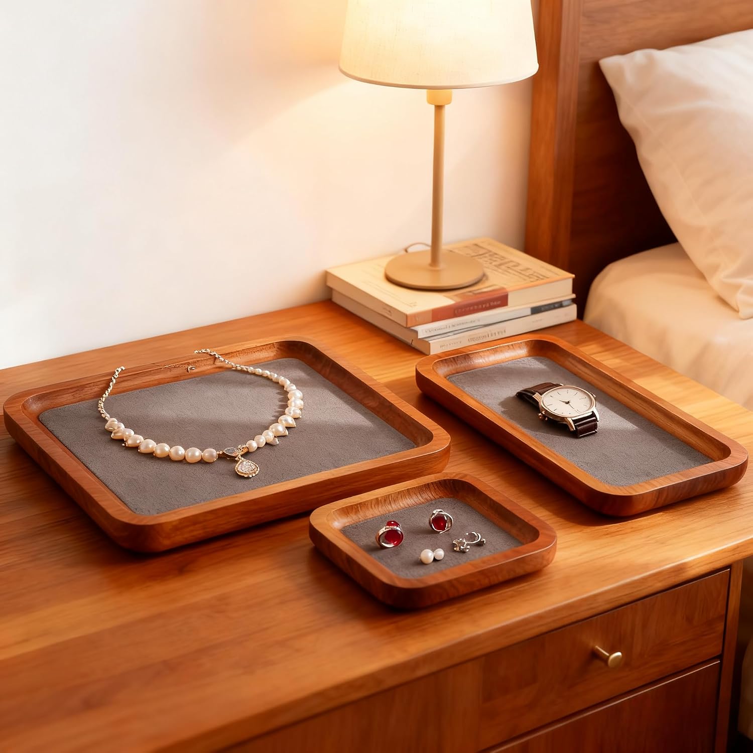 Wooden Jewelry Display Tray Rounded Rectangle Ring Showcase / Gray / Large-w 7'' x H 0.6'' x L 7.9