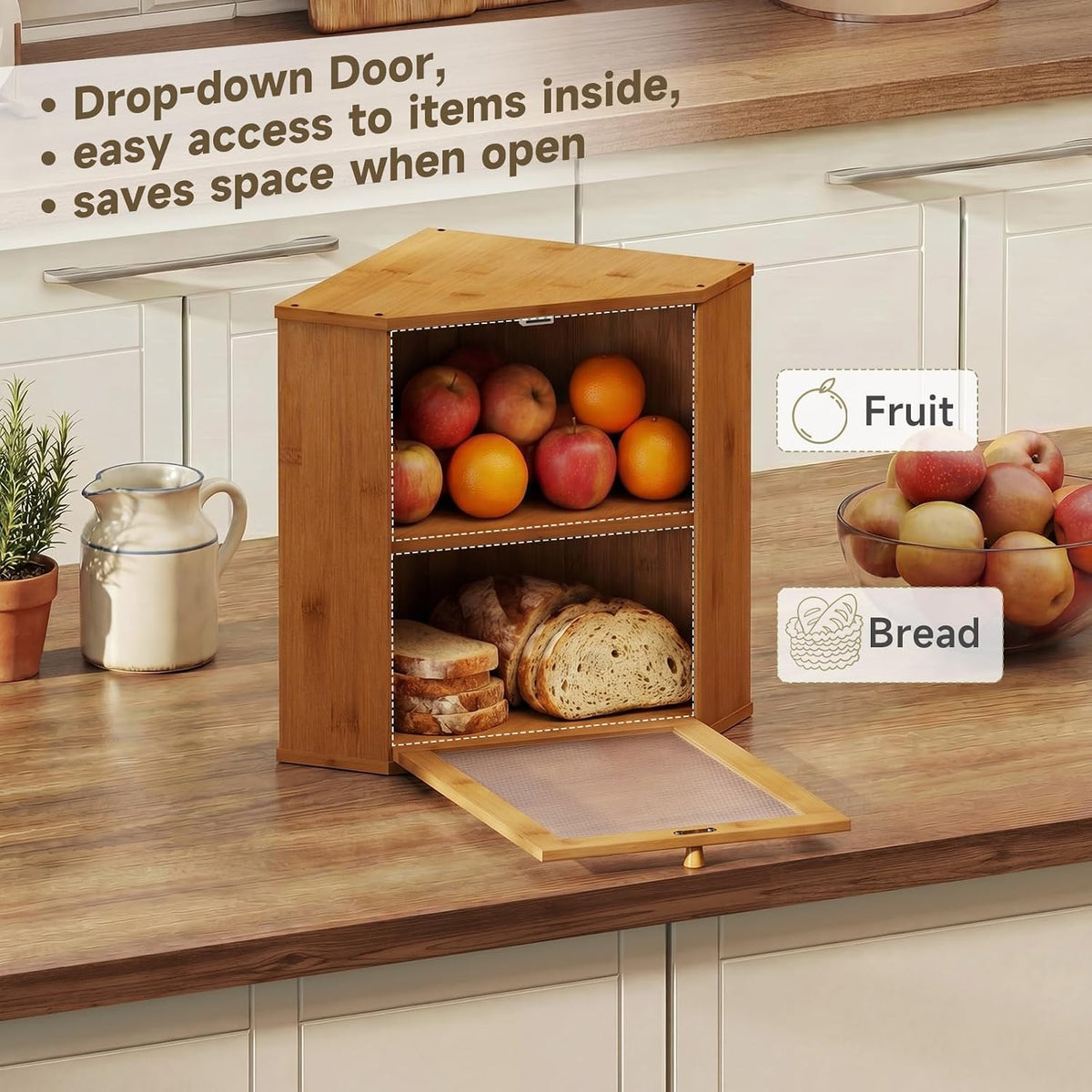 Bread Box for Kitchen Corner Countertop,Large Bread Basket (Brown, X-Large) | Double Layer Bamboo Bread Storage