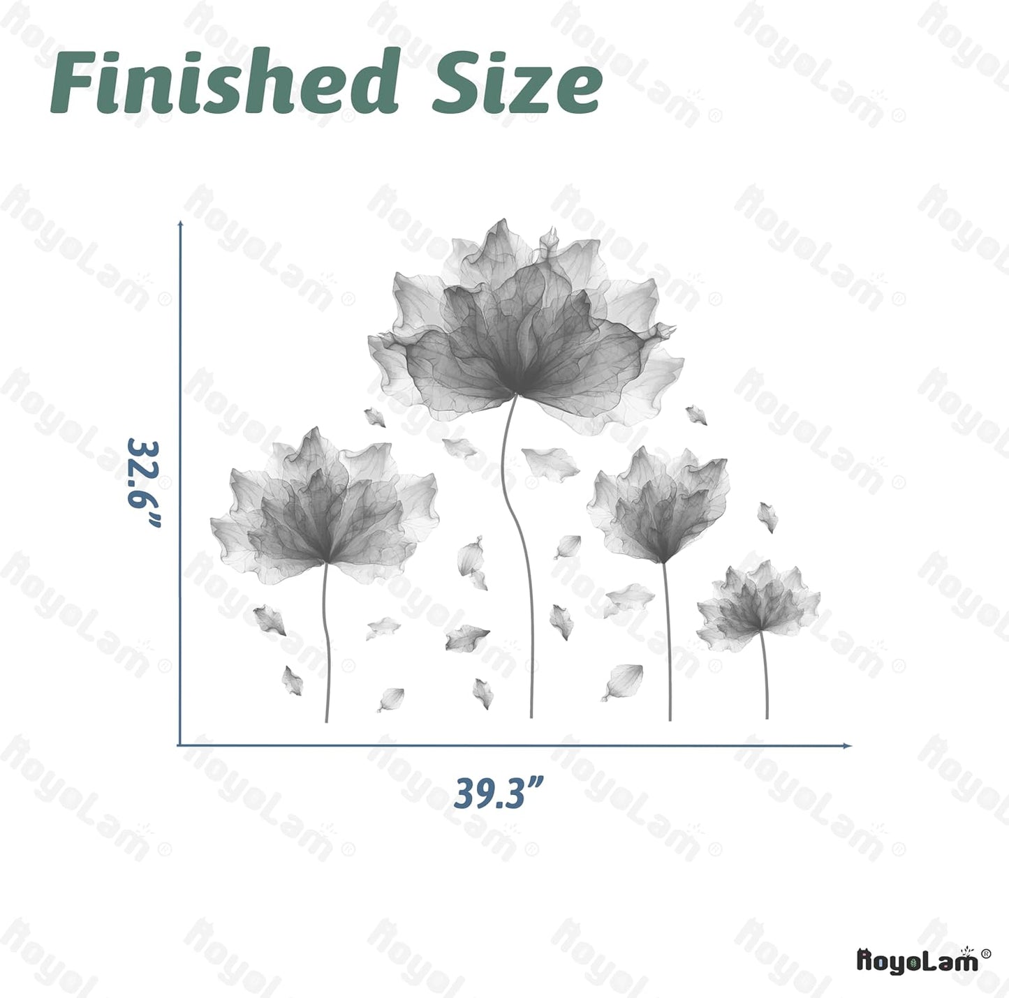 Huge Flower Petal Wall Decals Living Room Floral Wall Stickers Removable Peel / Gray / 39.3'' x 32.6