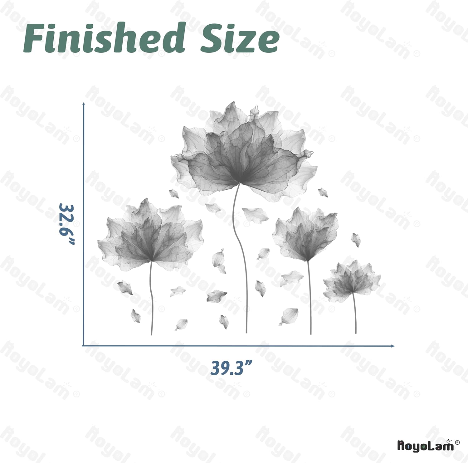 Huge Flower Petal Wall Decals Living Room Floral Wall Stickers Removable Peel / Gray / 39.3'' x 32.6