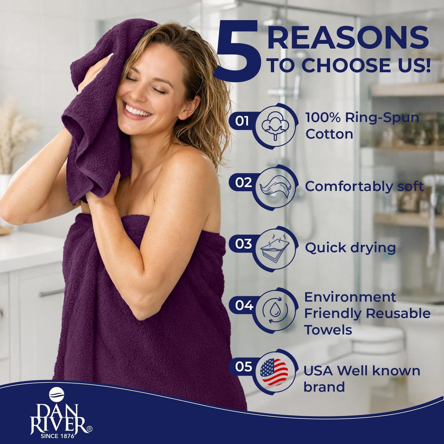 DAN RIVER 8 Piece Luxury Bath Towels for Bathroom, Towel Set, Purple | 2 Bath towels, 2 Hand towels, and 4 Wash Cloths