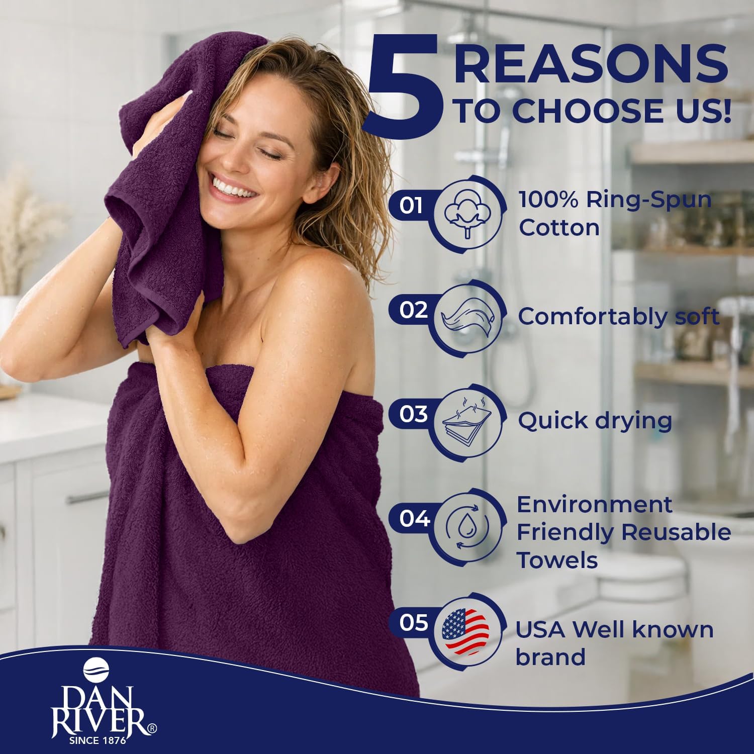 DAN RIVER 8 Piece Luxury Bath Towels for Bathroom, Towel Set, Purple | 2 Bath towels, 2 Hand towels, and 4 Wash Cloths