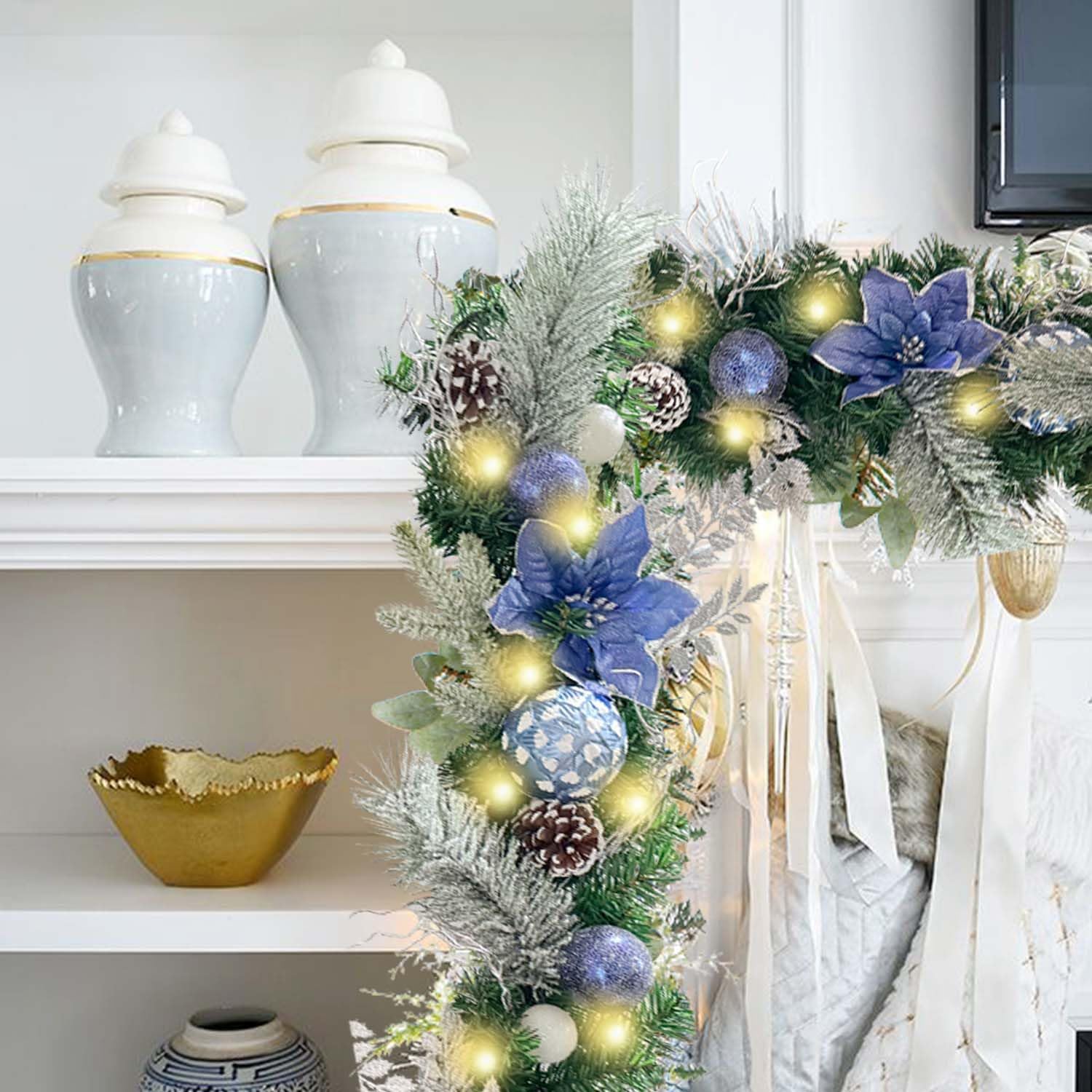 WANNA-CUL Pre-Lit 6ft Silver Blue Christmas Garland with 30 LED Lights | Frozen Winter Xmas Lighted Garland for Mantel