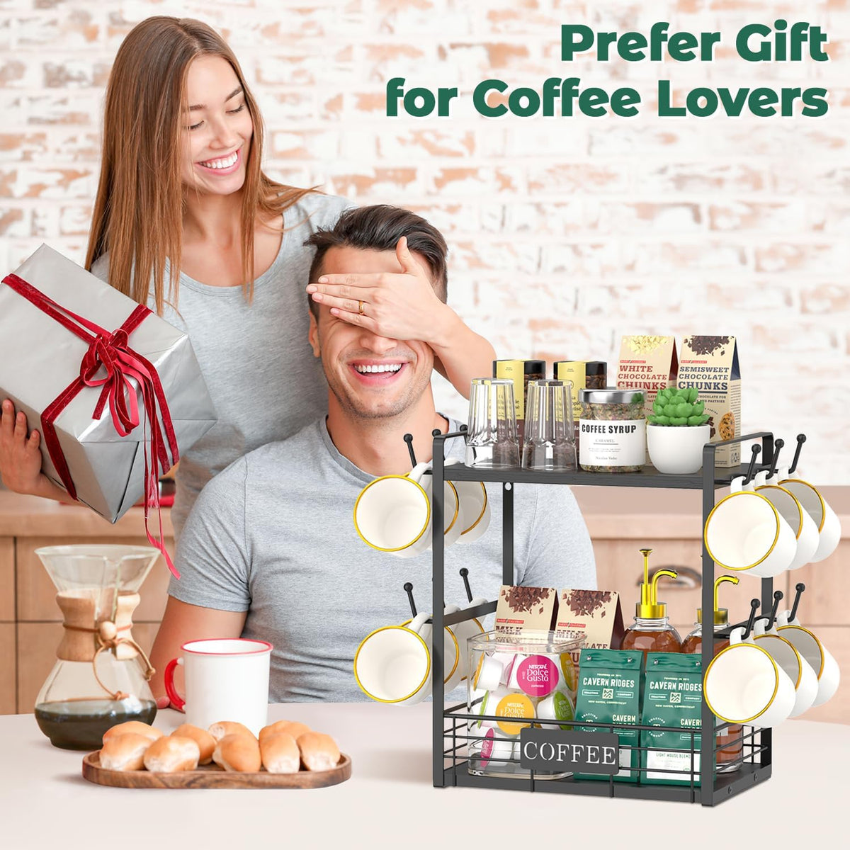 EsLuker.ly Coffee Mug Cup Holder Tree Bar Station Organizer, 2 Tier Black | Mug Stand Rack for Countertop Kitchen