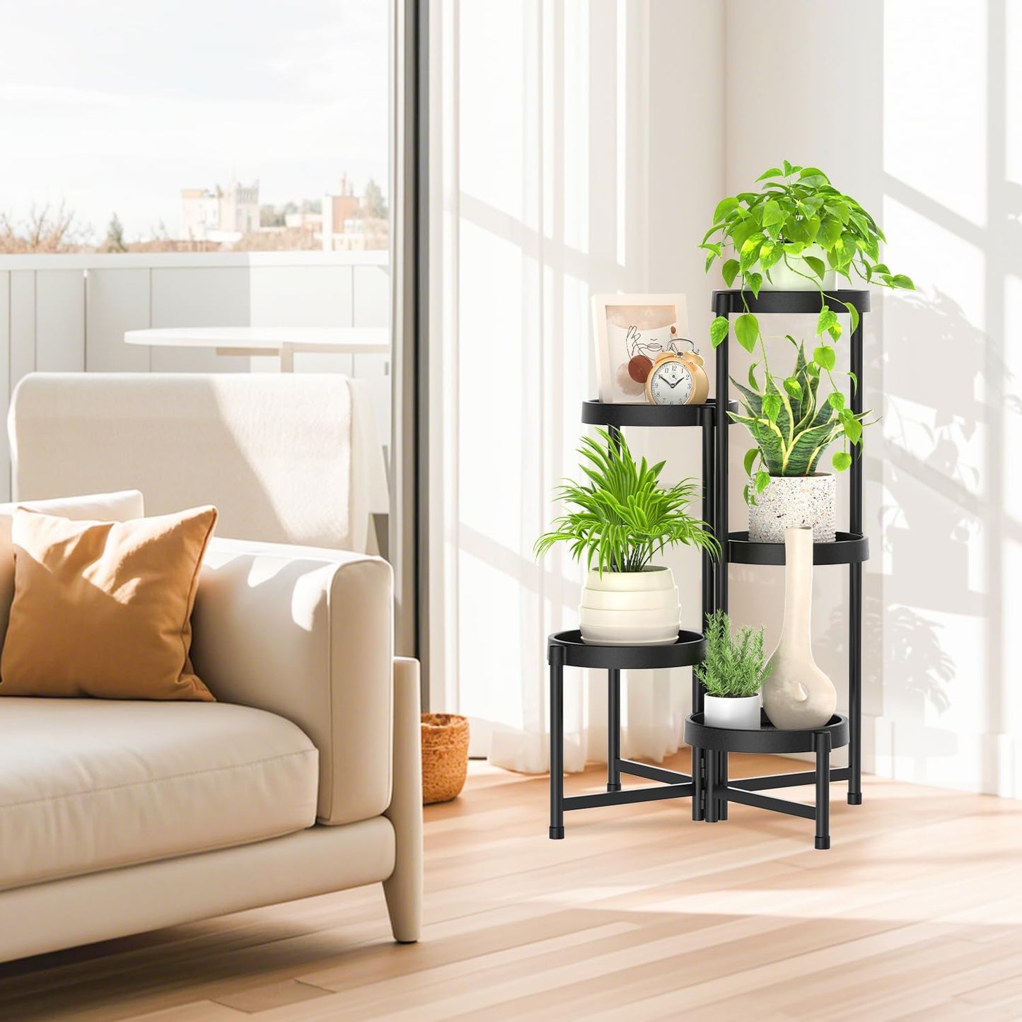 iDavosic.ly 5 Tier Folding Plant Stand Indoor Outdoor, Plastic Tray, Black | Space Saving Tiered Corner Storage Display
