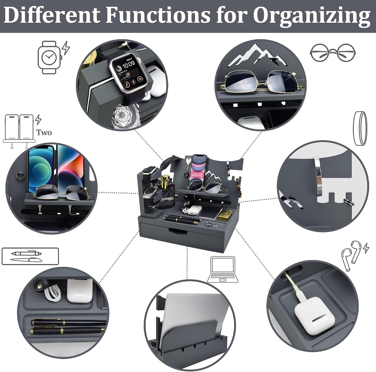 Nightstand Organizer for Men with Large Drawer, Wood Phone Docking Station for Phone, Apple Watch, Wallet & Keys, Ideal