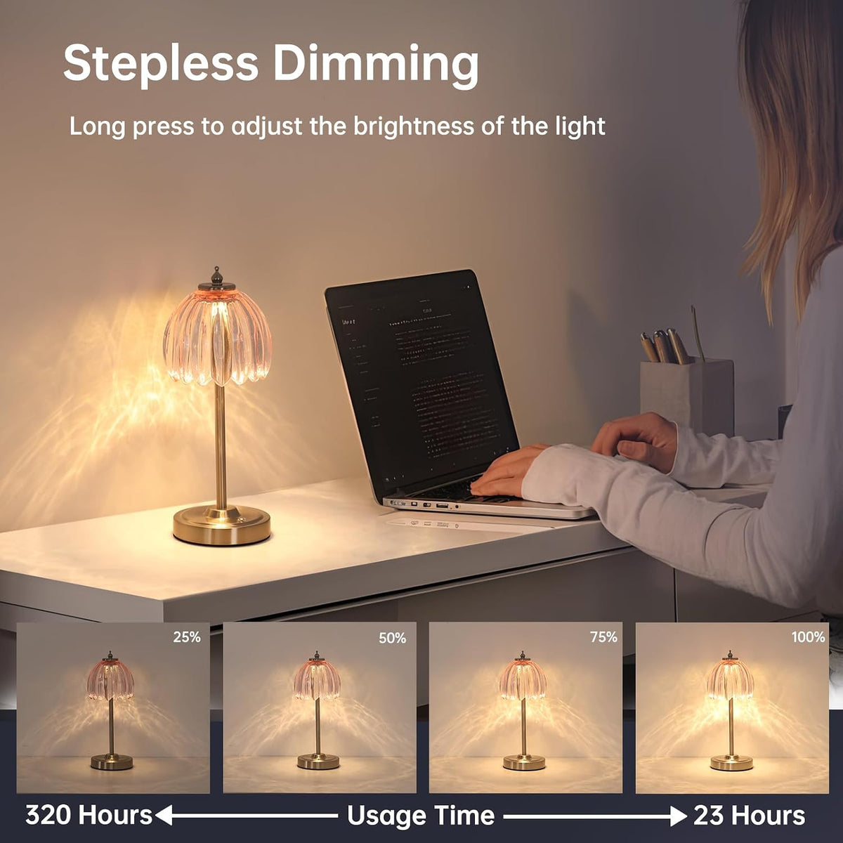 Shenmoyl Tulip Table Lamp with 5200mAh Battery & Touch Control, Cordless Small Table Lamp with 3 Colors, Dimmable