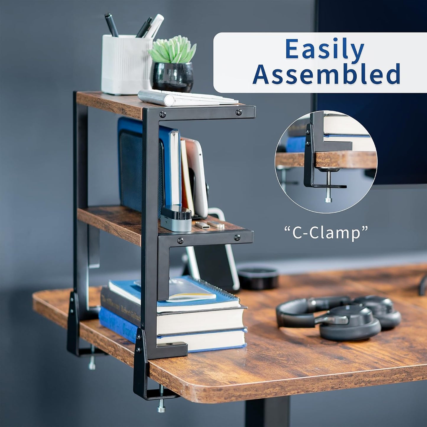 VIVO Vintage Brown Clamp-on 13 inch 2-Tier Desk Shelf, STAND-SHELF2C-N (Pack of 2)