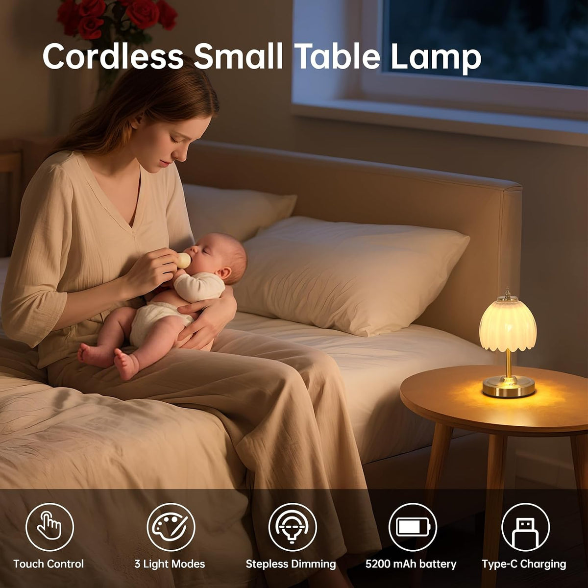 Shenmoyl Tulip Small Table Lamp, 5200mAh Cordless Touch Control Mini Table Lamp with 3 Color Temps & Stepless Dimming