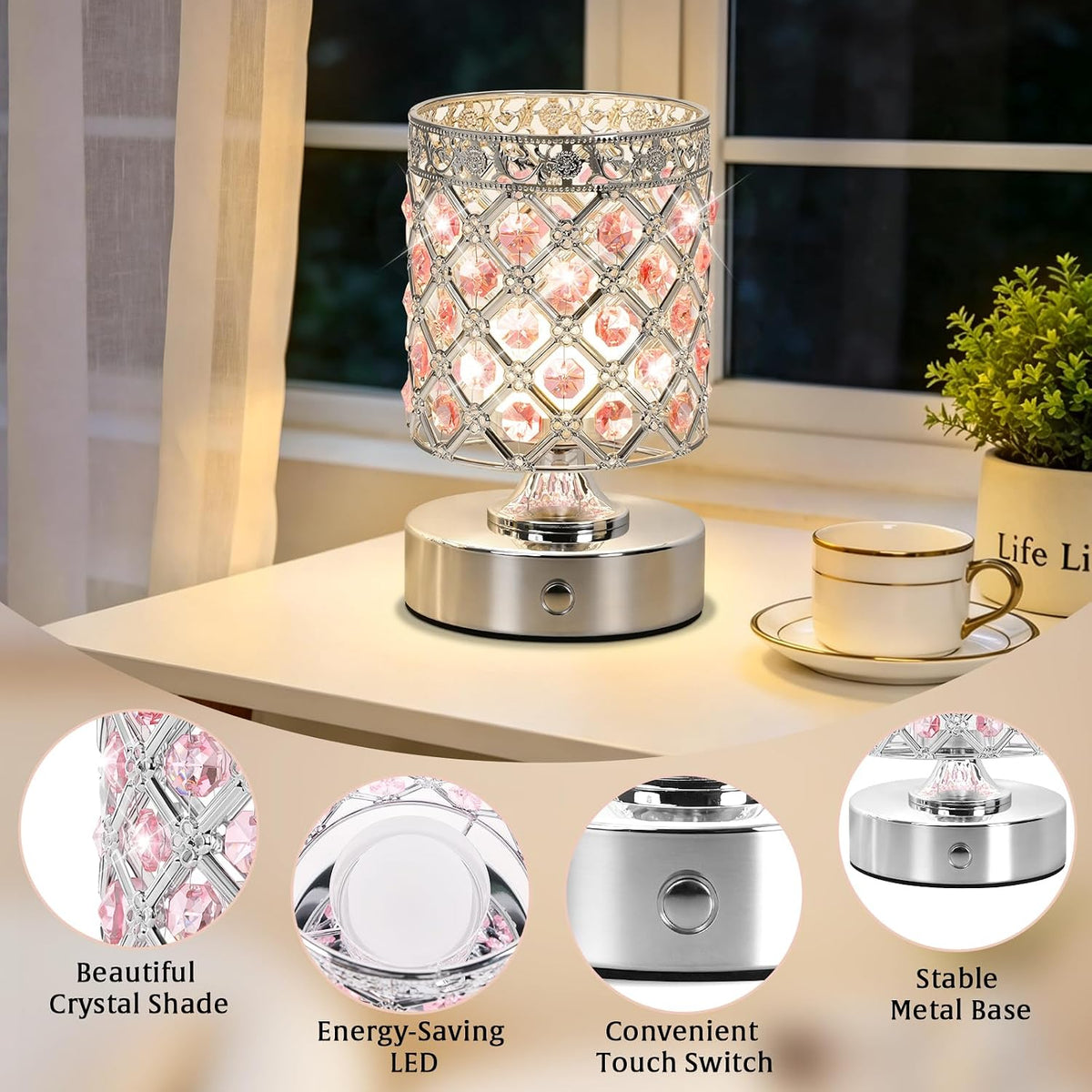 Pink Crystal Rechargeable Cordless Table Lamp, Touch Small Desk Lamp | 6000mAh Battery, 3 Color Temps, Stepless