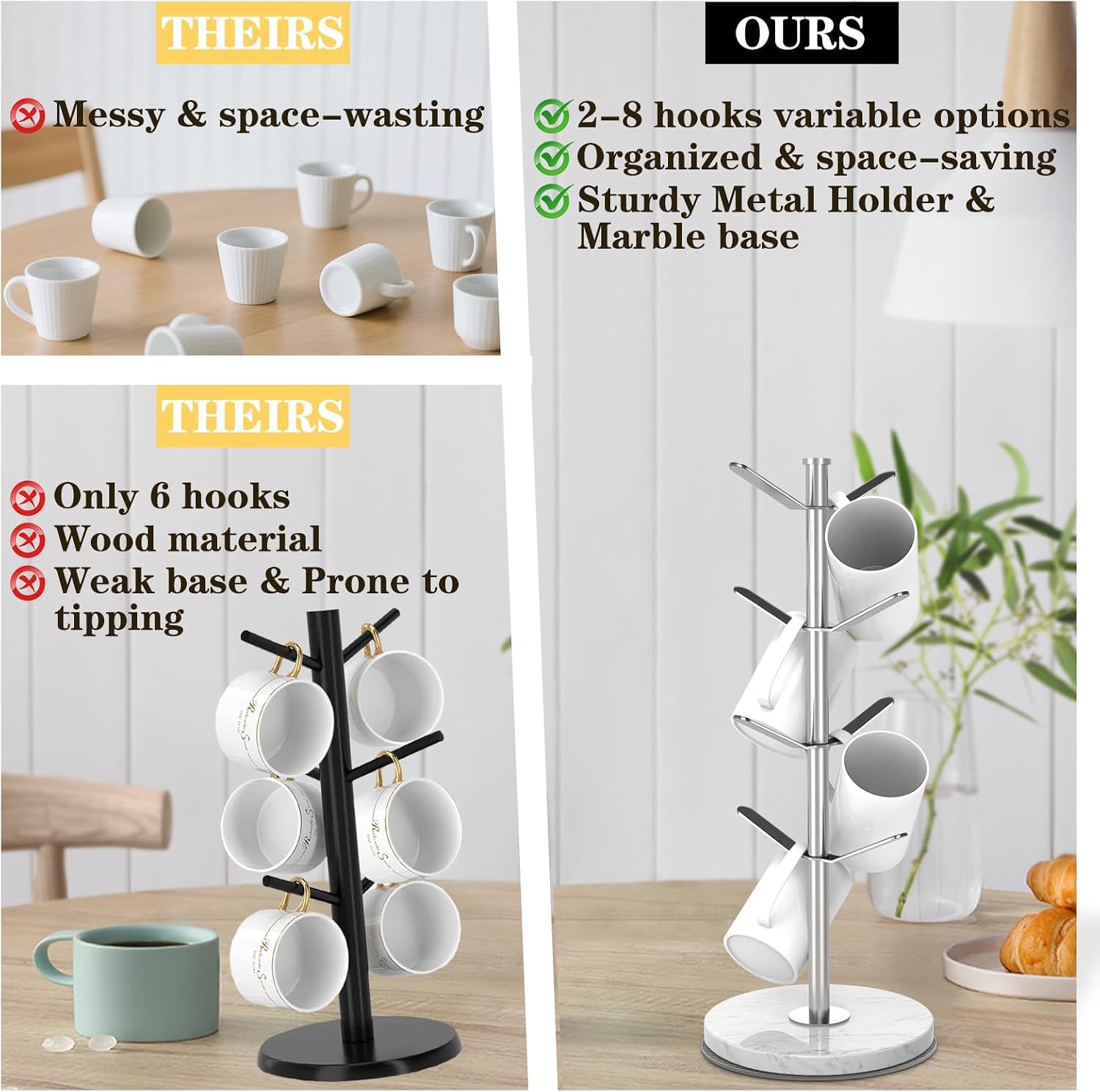 Silver Marble Mug Holder Tree with 2–8 Adjustable Hooks | Detachable Stainless Steel Coffee Cup Stand with Modular