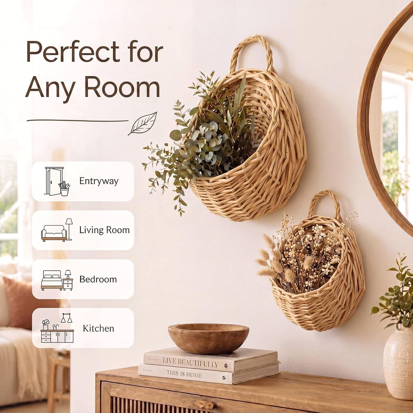 Wicker Hanging Basket 14" and 8" Handmade Woven Wall Hanging Basket for Plant Decorative / Set of 2