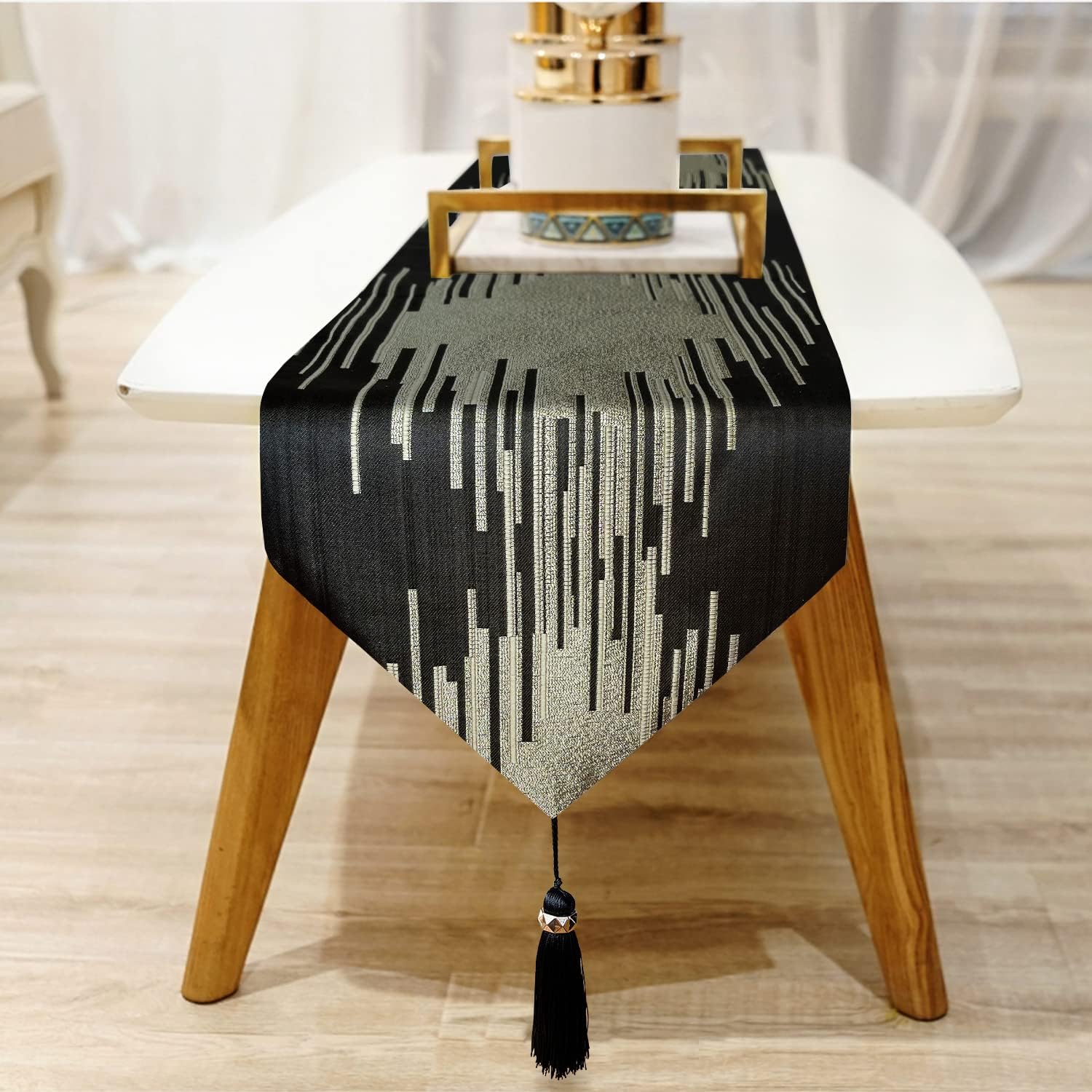 Elegant Black Table Runner,13"x120", Modern Abstract Geometric, Tassels | Table Runners 120 Inches Long, Luxury