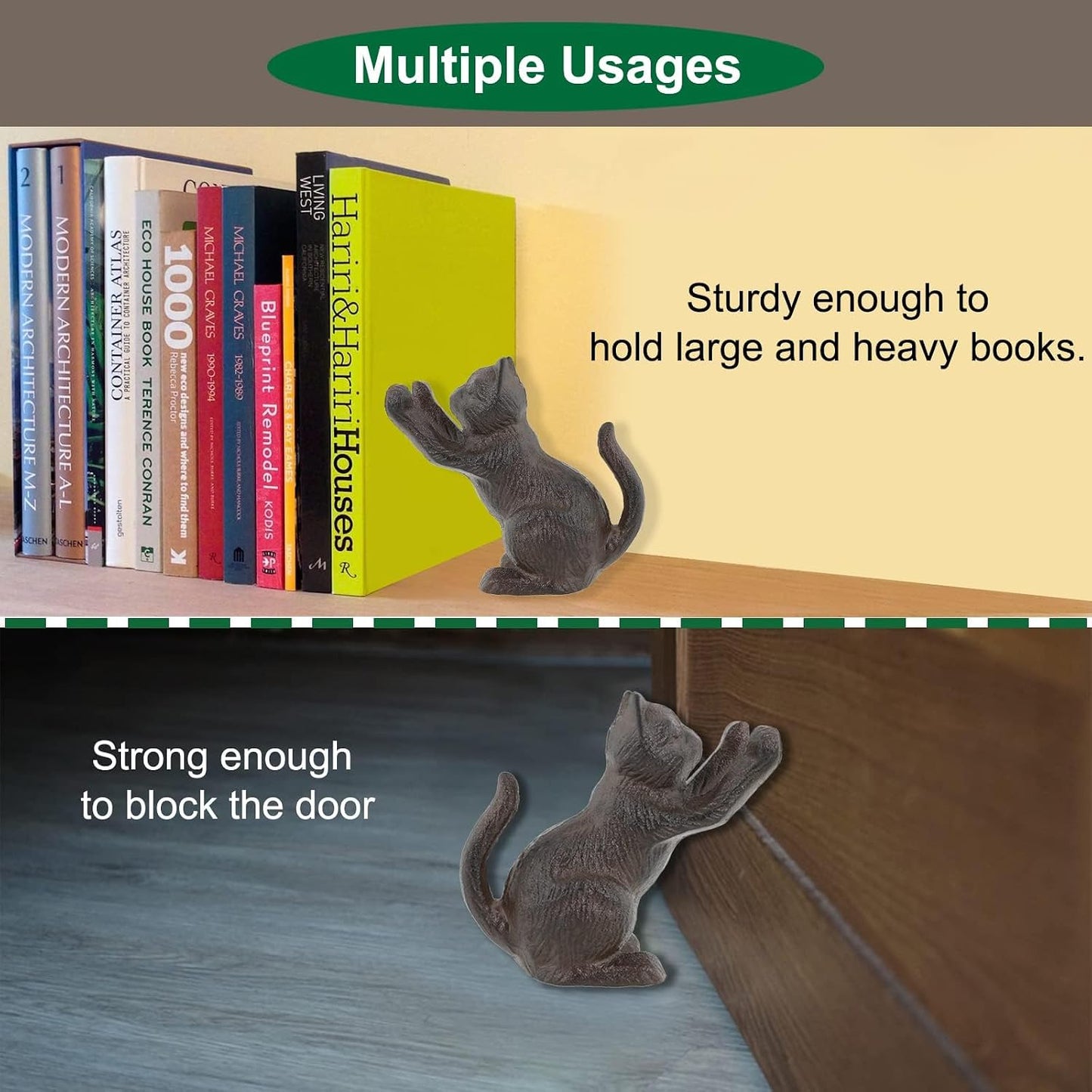 Decorative Bookends / Unique Cast Iron Animal Shape Book Ends to Hold Books Heavy Duty / Cat