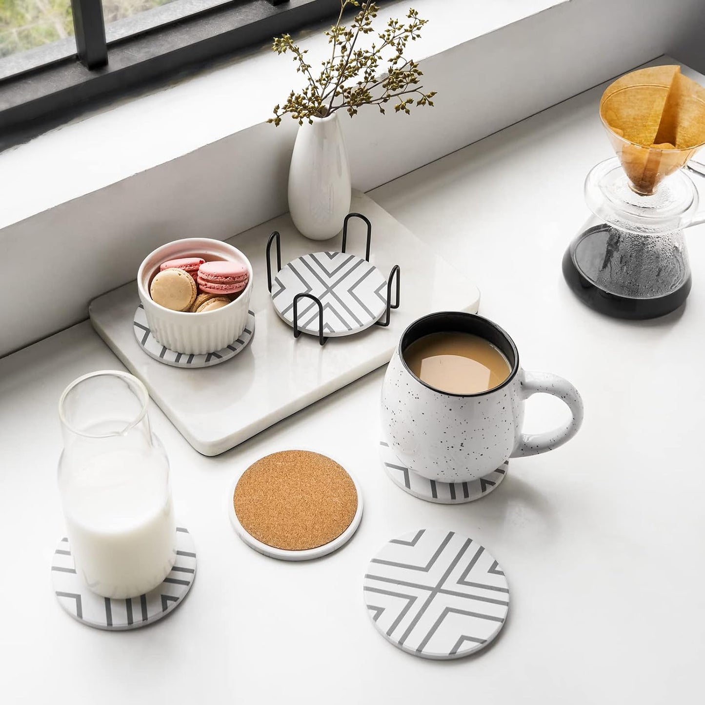 Holder / Ceramic Drink Coasters / Grey Line / 4 Inch / Set of 6
