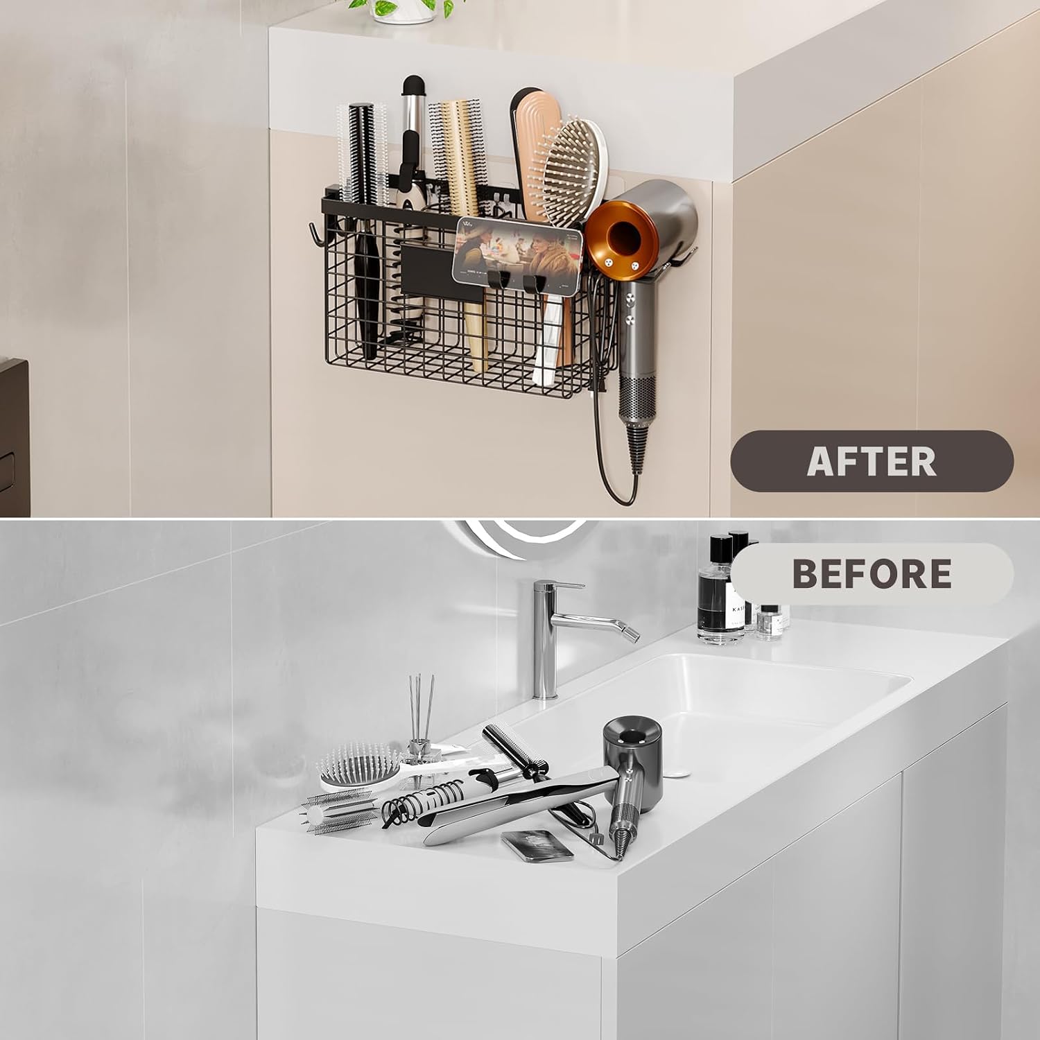 Magheo Hair Dryer Holder Cabinet Door 3-in-1 Adhesive Hair Tool Organizer Wall Mounted Adjustable Height Blow Dryer